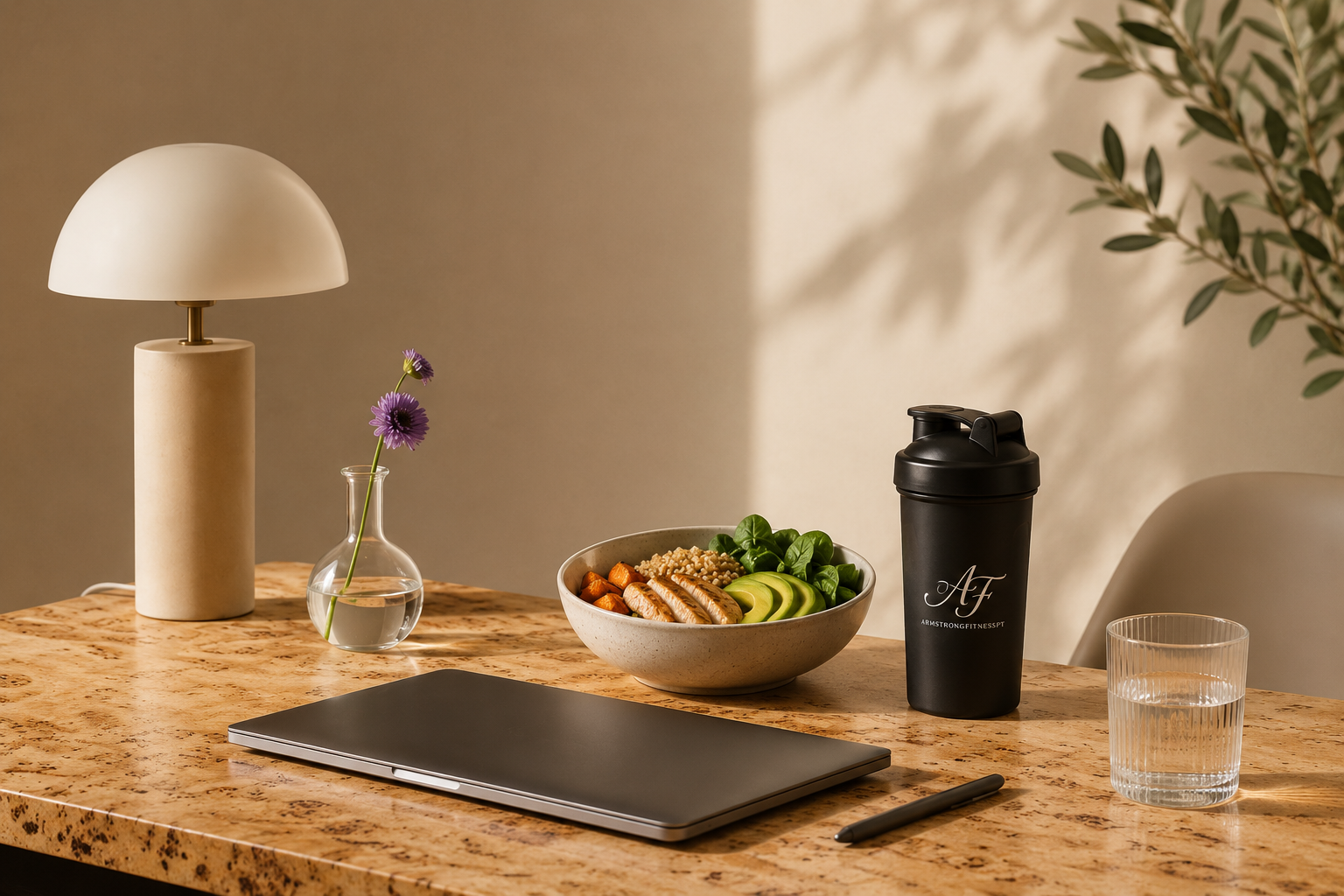 A work desk with a laptop, a black shaker cup, a glass of water, a bowl of salad with grilled chicken, avocado, and vegetables, a small flower arrangement with purple flowers, a beige table lamp, and a pen in a minimalistic room.