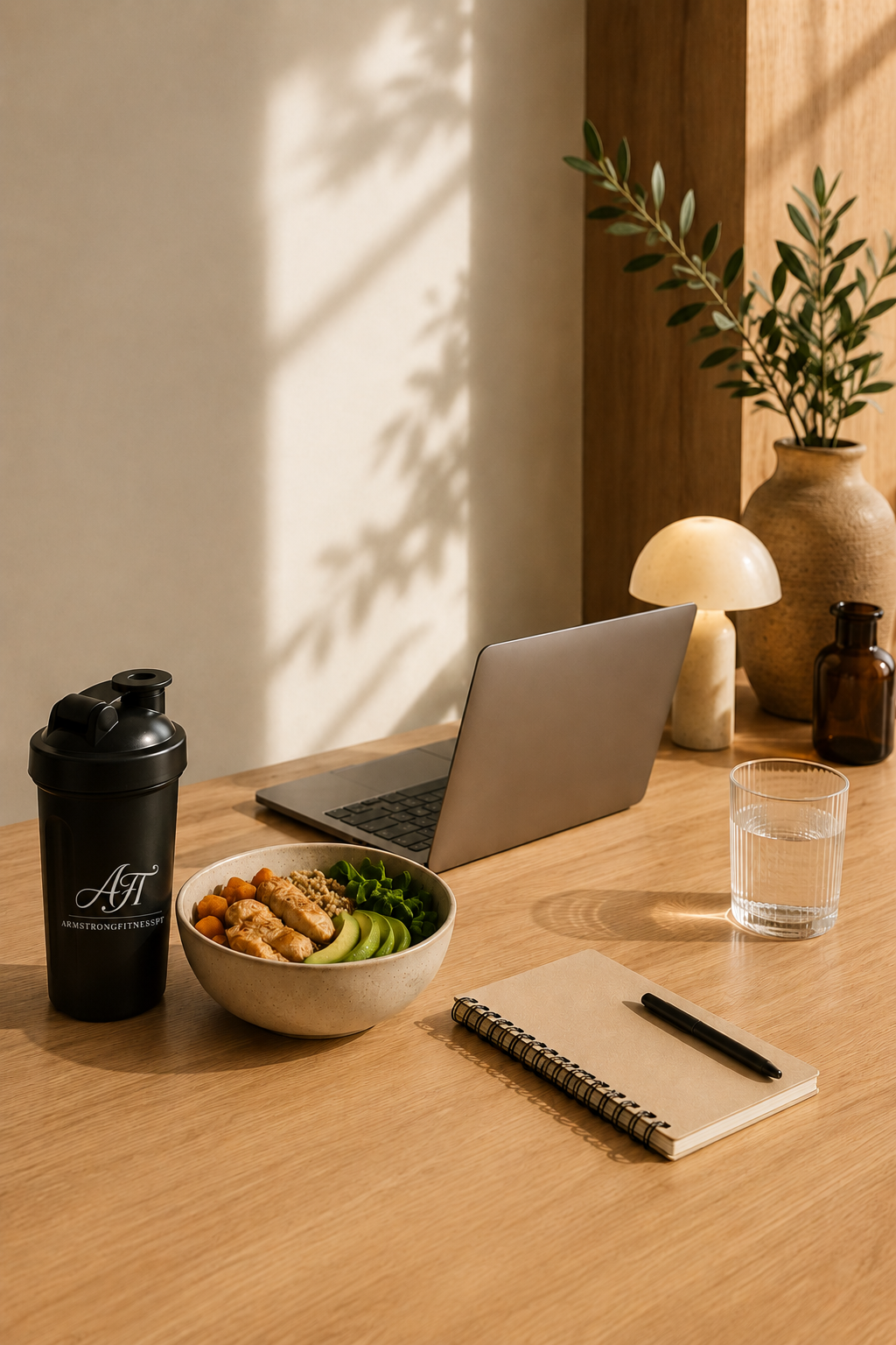 A tidy wooden desk with a laptop, a bowl of salad, a black protein shaker bottle, a glass of water, a spiral notebook, and a black pen. In the background, a lamp and a potted plant are visible, with warm lighting and shadows on the wall.