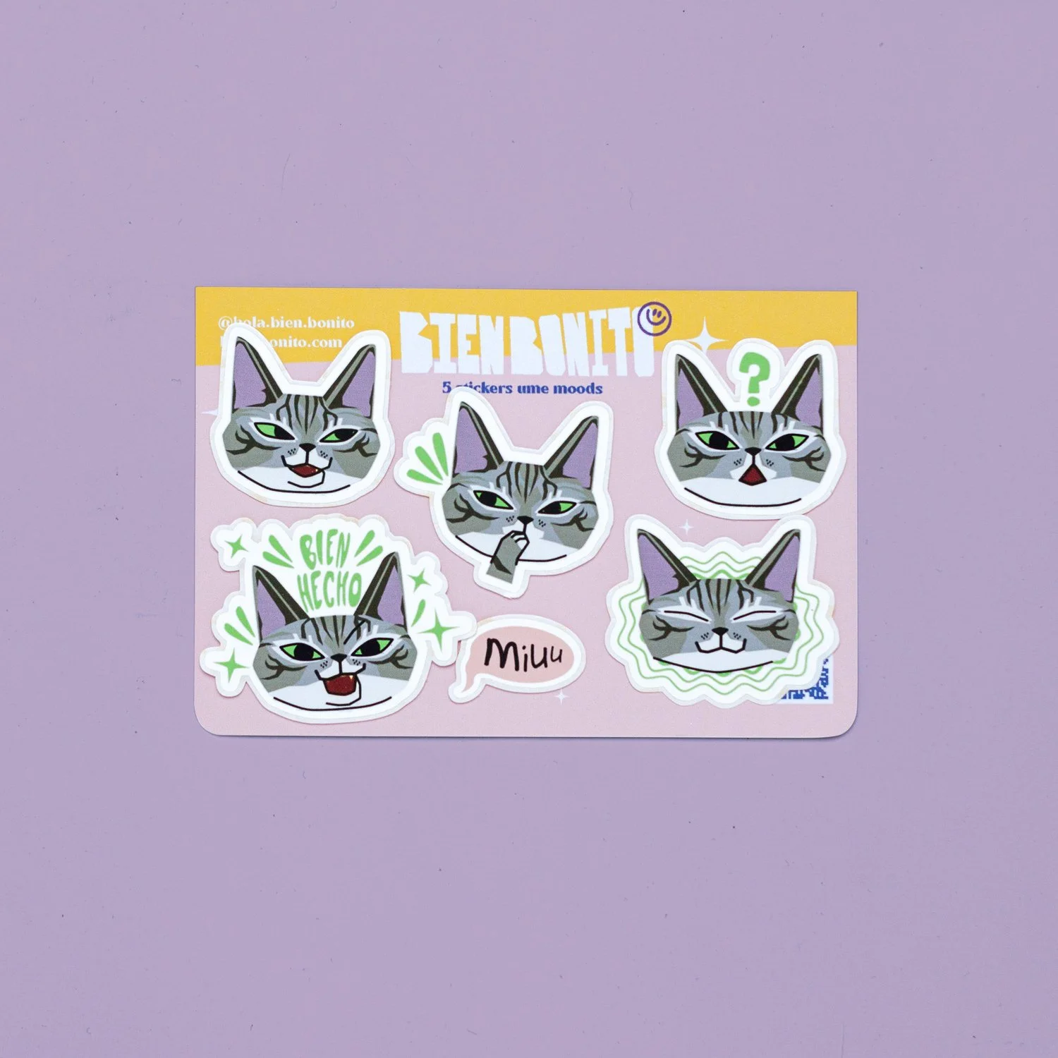 Colección de cinco calcomanías de un gato con diferentes expresiones y frases en español, en un fondo rosa y con una parte superior amarilla que dice 'BIEN BONITO' y '5 stickers UME moods'.