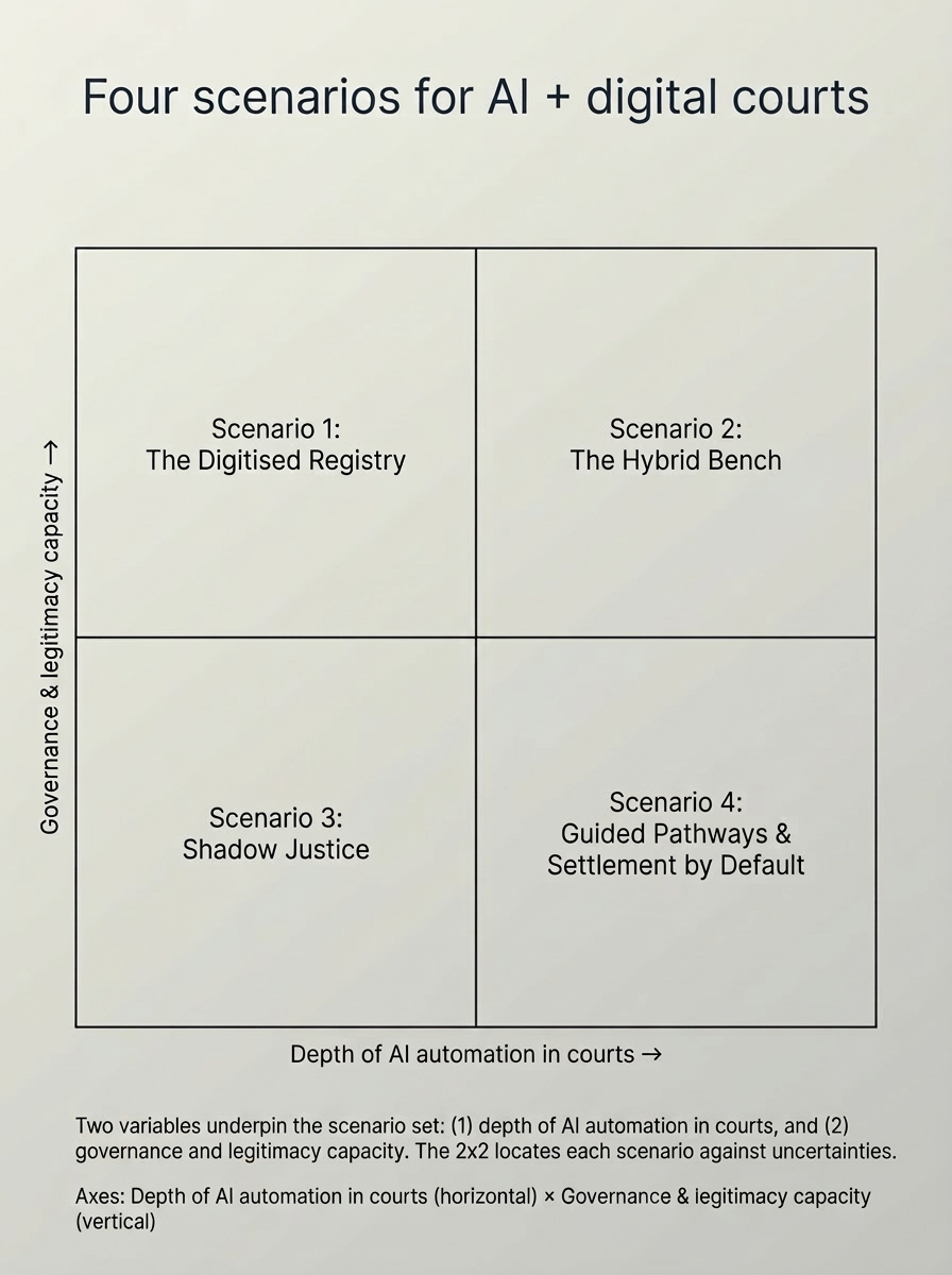 Four Futures for AI and Digital Courts to 2040. An open source tool for scenario planning in civil justice. 