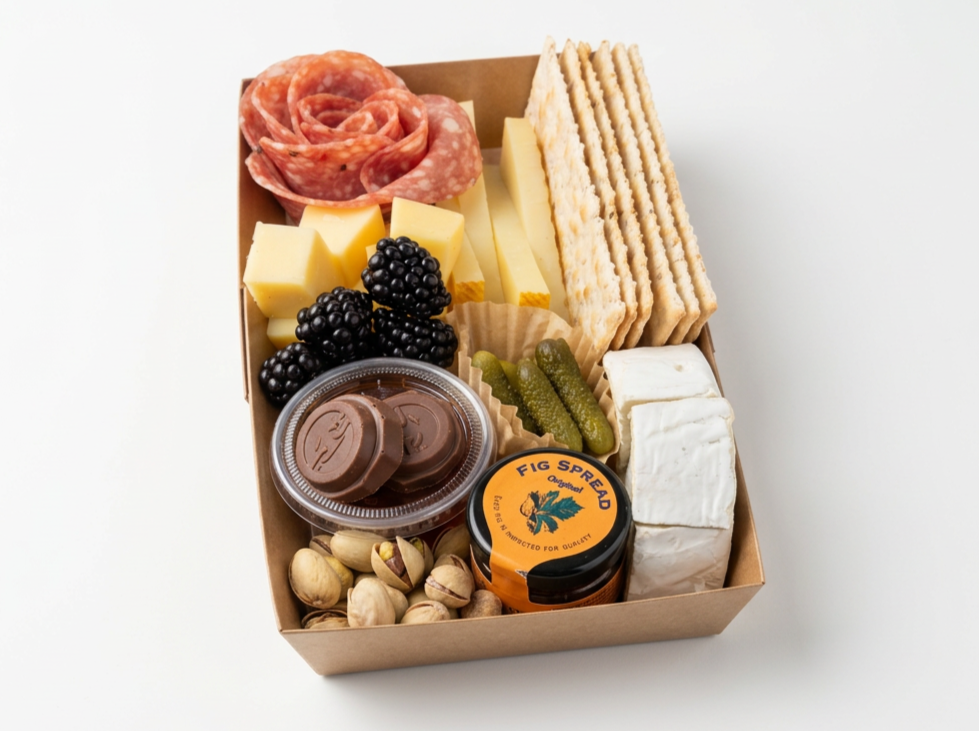 A St. Uguzo box for two  filled with assorted cheese,  cured meat, crackers, olives, fruit, nuts, fig spread, chocolate, honey, pickles, and olives. Serving Ventura County, Santa Barbara County, and Northern Los Angeles County.