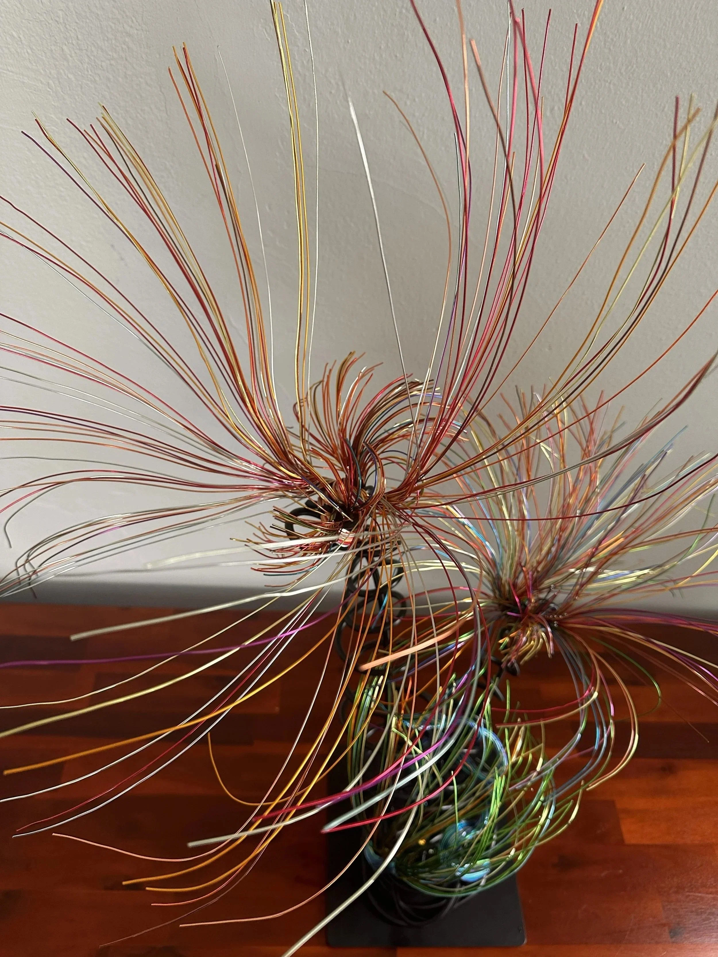 Title: Luminous.  Aerial view 
Dimensions:  2' × 2 '× 2' 8"
Fine wires flare outward like petals deciding to open, catching the light in shifting tones of copper, ember, and moss. The piece holds the stillness of a plant just on the edge of becoming 
