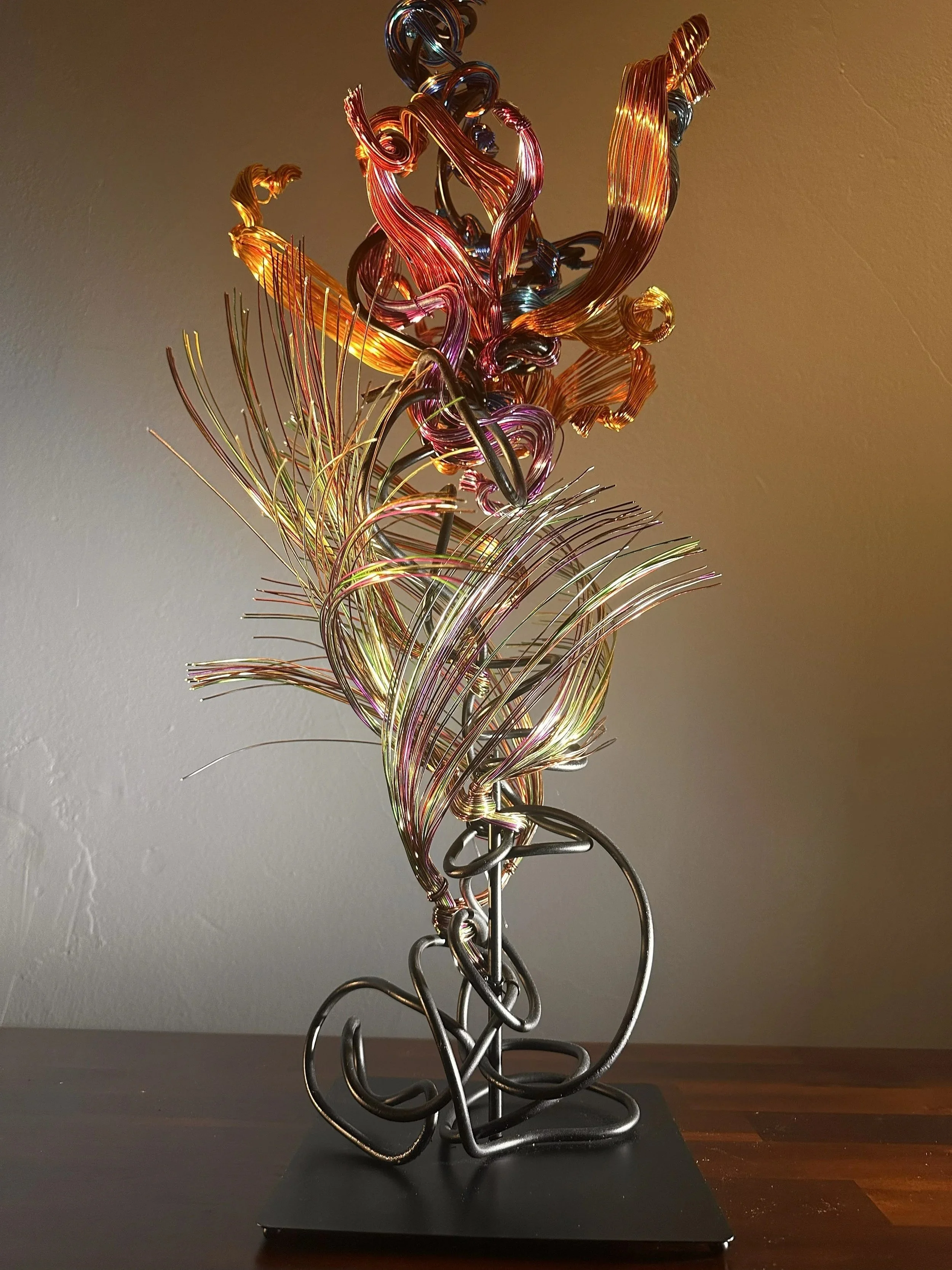 Title: “Paradise" Spot Lighting - Detail. 
Dimensions:  1' 0" × 1' 0" × 2' 8"
Coiled strands rise and twist like a wild tendril caught in a sudden gust, capturing the restless motion of growth reaching toward open air.



Hand‑formed wire sculpture e