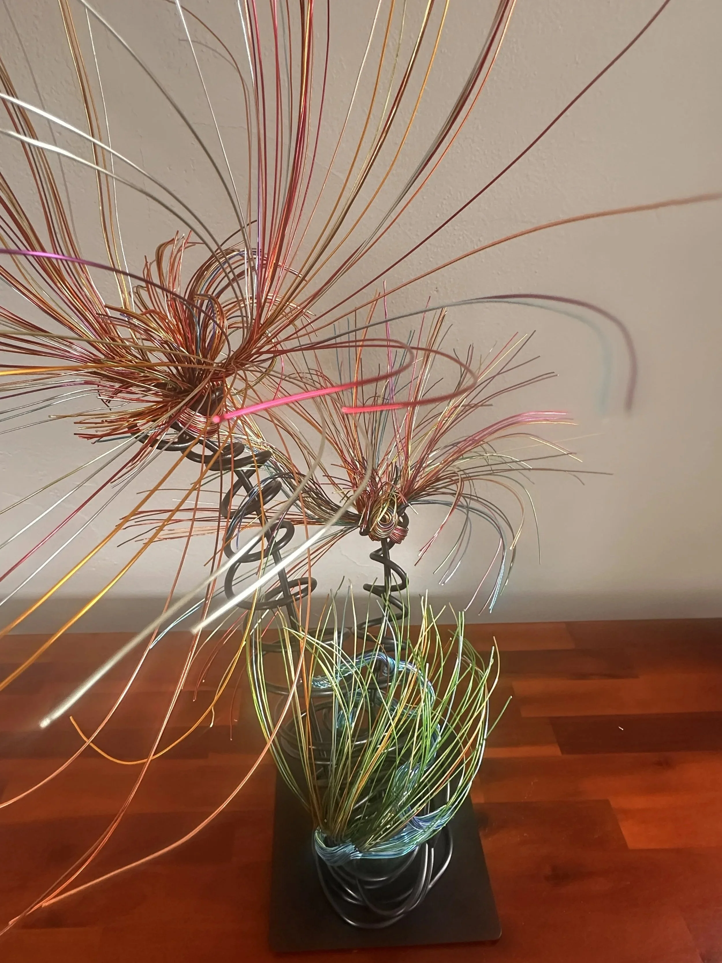 Title: Luminous.  Aerial view  #2
Dimensions:  2' × 2 '× 2' 8"
Fine wires flare outward like petals deciding to open, catching the light in shifting tones of copper, ember, and moss. The piece holds the stillness of a plant just on the edge of becomi