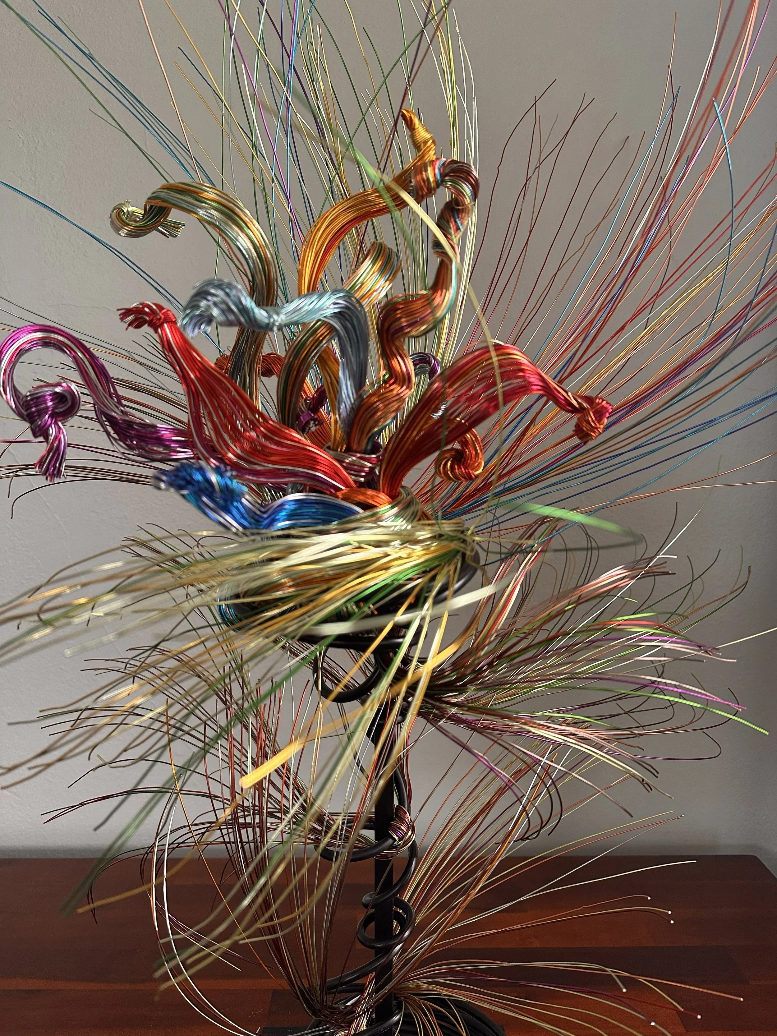 Title:  "Paradise"  2" x 2" 2" x 10'
An abstract wire sculpture inspired by the bird‑of‑paradise, shaped with vibrant color, airy movement, and the feeling of a lush, living environment.