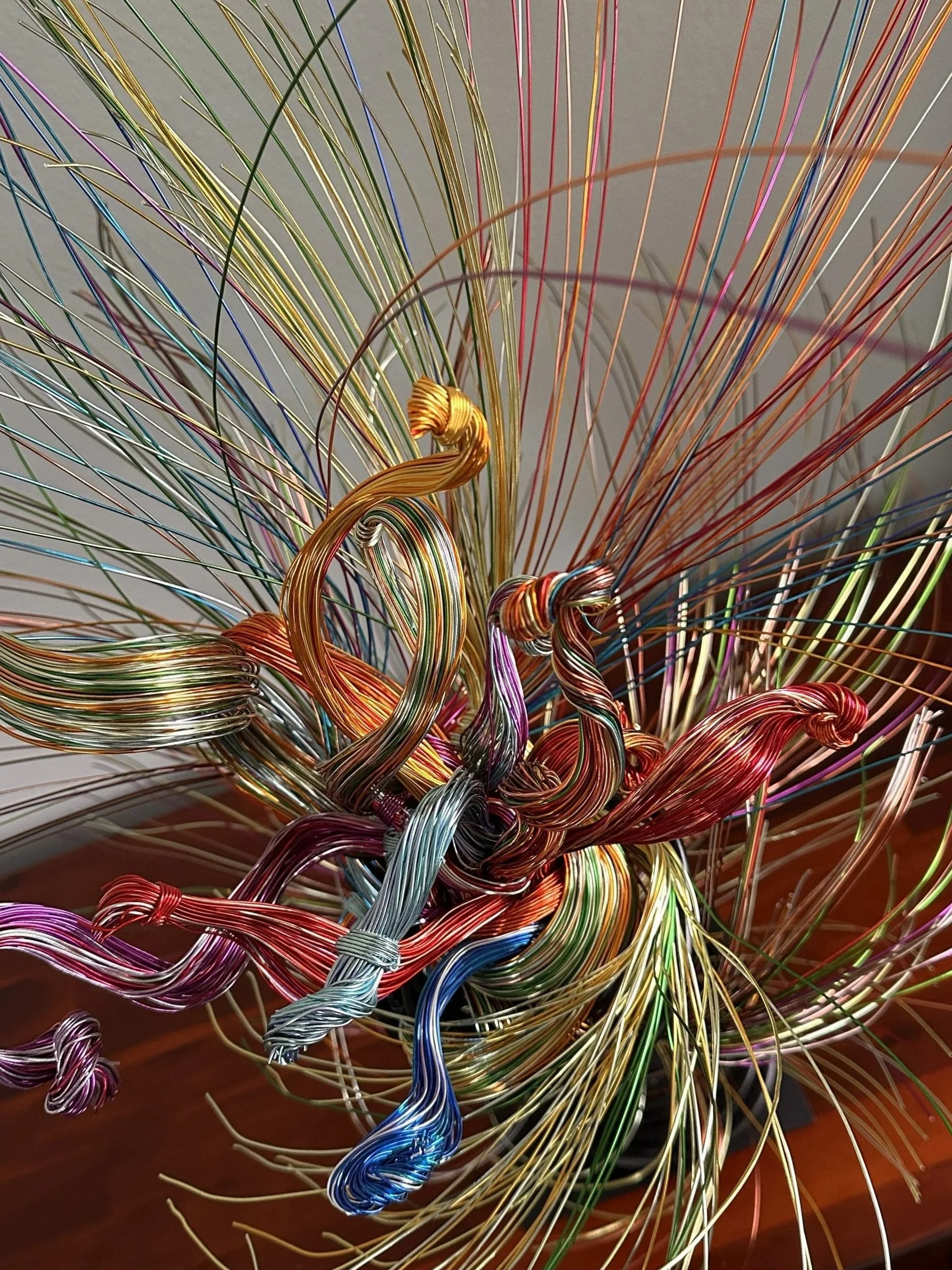 Title:  "Paradise"  2" x 2" 2" x 10'
An abstract wire sculpture inspired by the bird‑of‑paradise, shaped with vibrant color, airy movement, and the feeling of a lush, living environment.