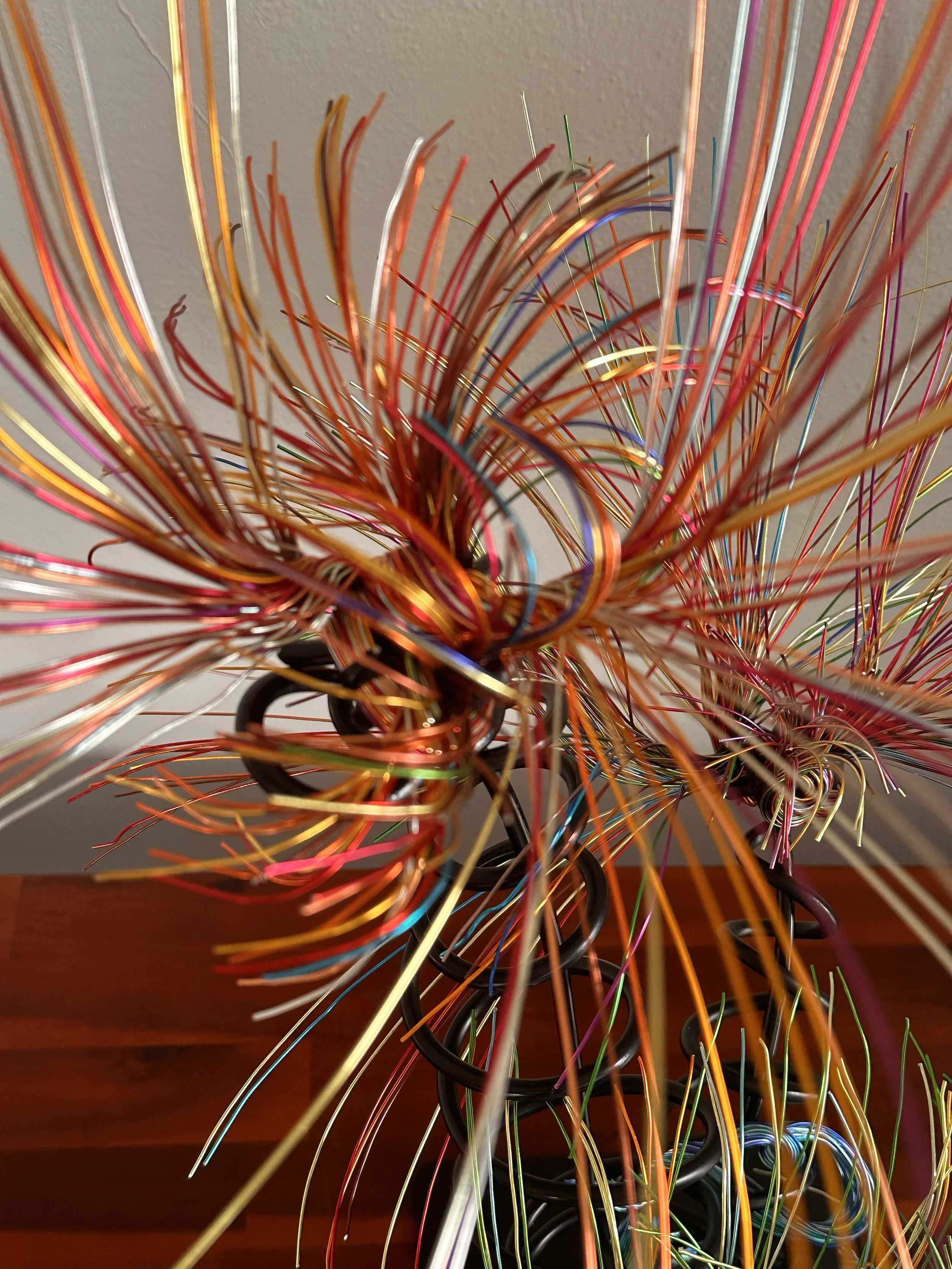Title:  "Luminous"
Dimensions: 2' × 2 '× 2' 8” 
Description: Fine wires flare outward like petals deciding to open, catching the light in shifting tones of copper, ember, and moss. The piece holds the stillness of a plant just on the edge of becoming