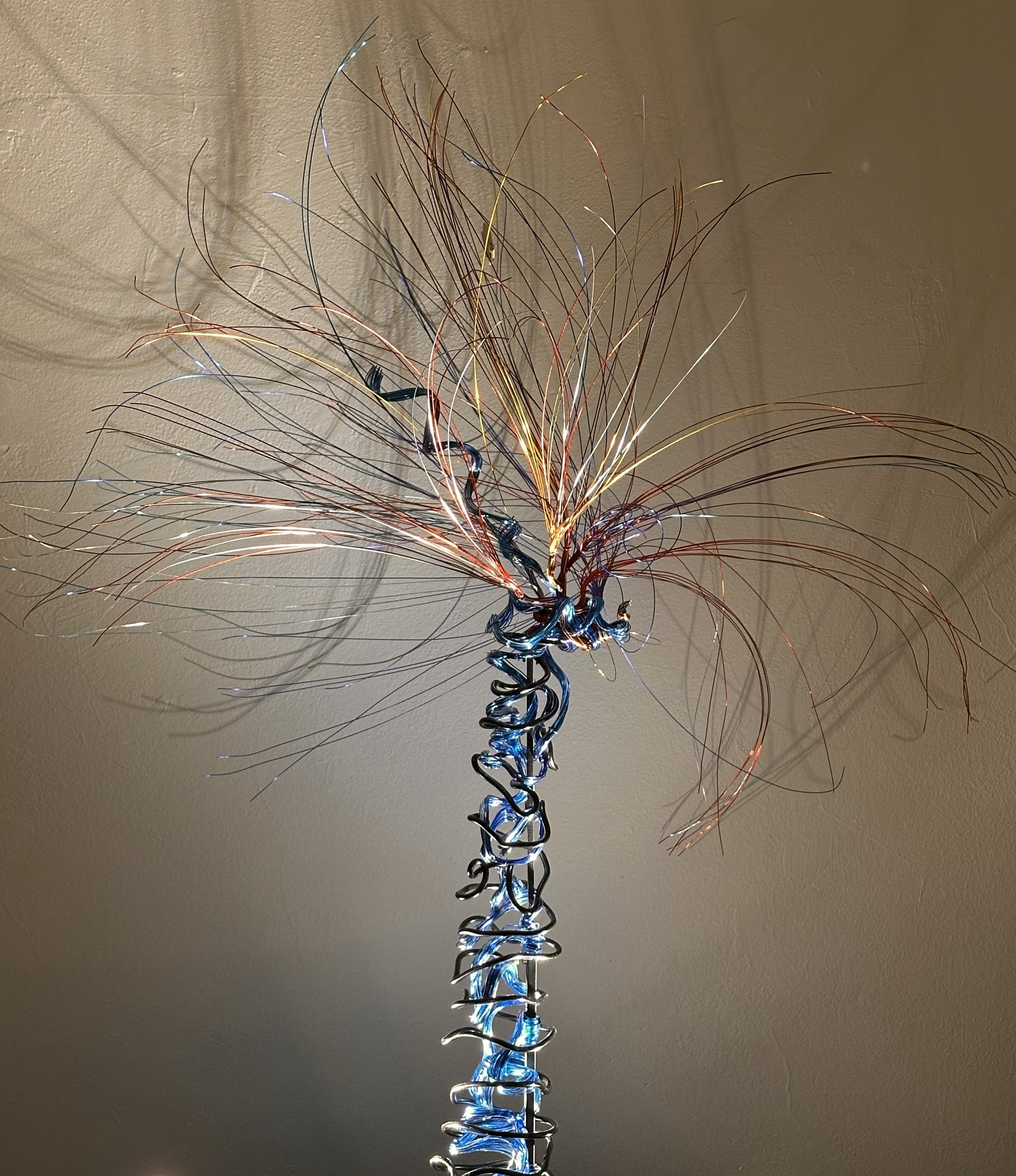 Title:  "Gentle Breeze" Spot lighting. 
Dimensions: 3' 6" x 3' 6" x 4 '10" 
From a dense, coiled base, the wires rise like the trunk of a young palm, opening into a crown of wind‑caught fronds.



Hand‑formed wire sculpture exploring botanical motion