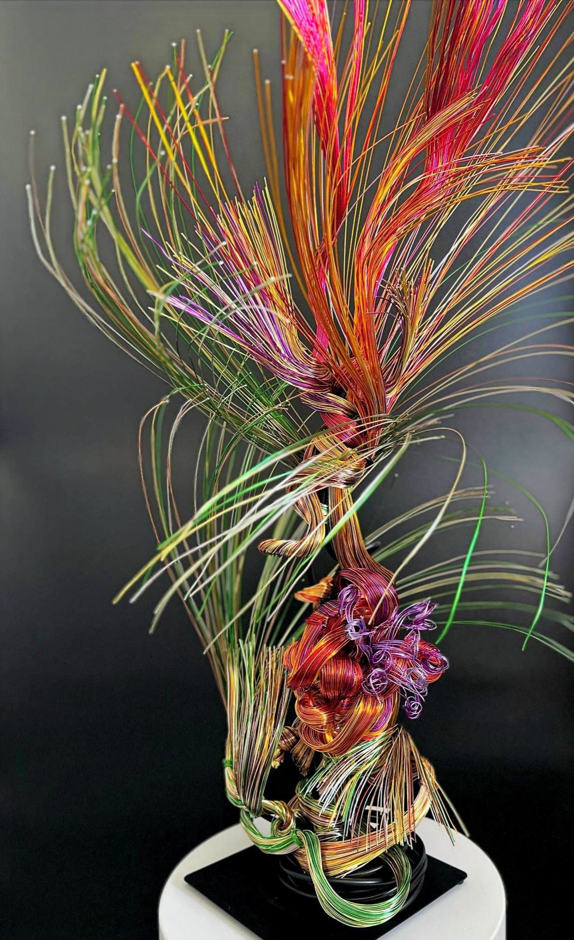 Gathering Light is a wire sculpture shaped as a single, blooming form. Blending copper, green, and violet tones, it explores emergence, focus, and upward motion. Inspired by nature and created in Petaluma, this piece reflects the quiet strength of tr