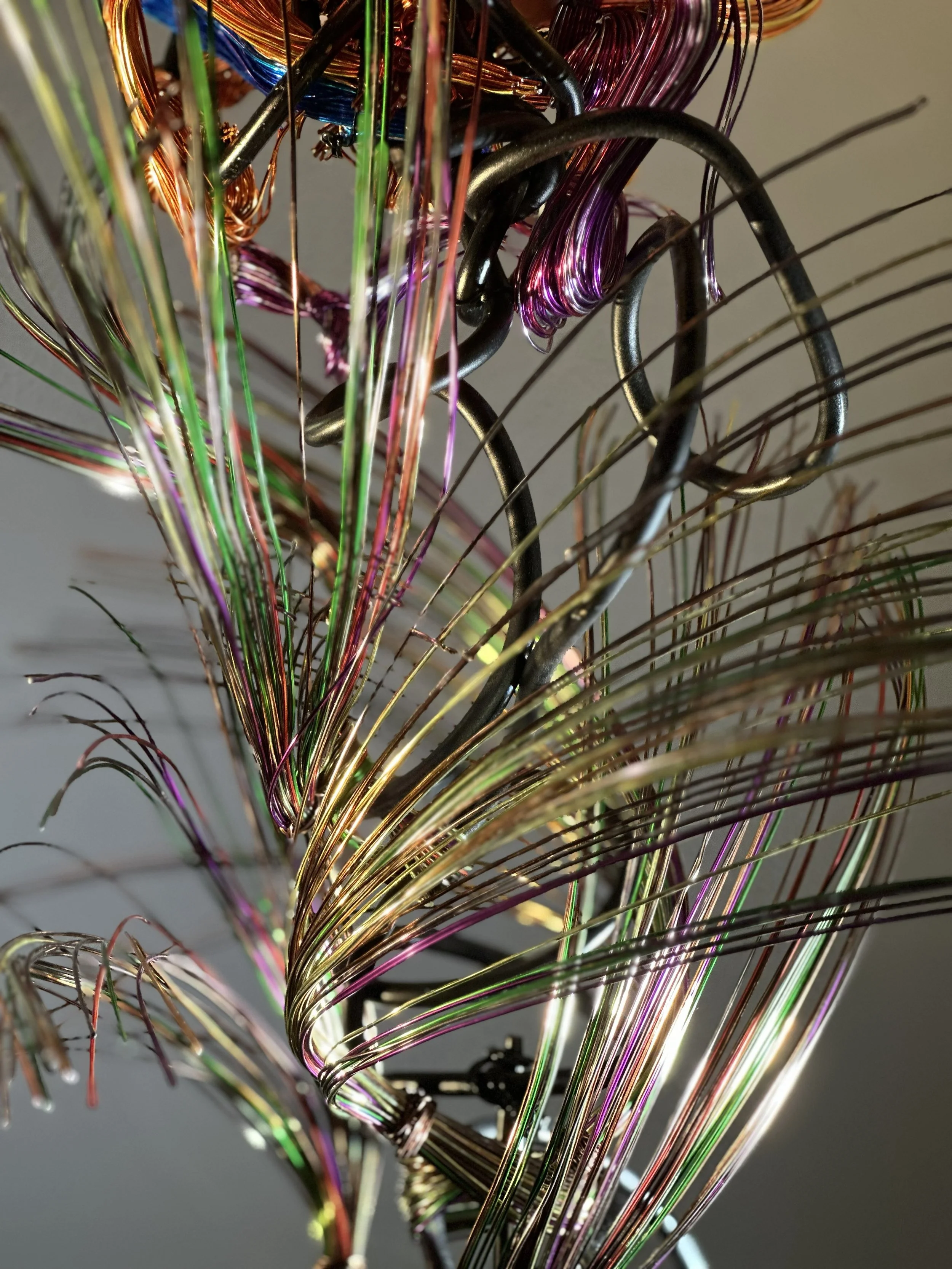 "Paradise" Detail view of the pedals. Day lighting   
Description:   Interwoven metallic lines creating a dynamic, ribbon‑like movement — a piece alive with color, tension, and flow.
