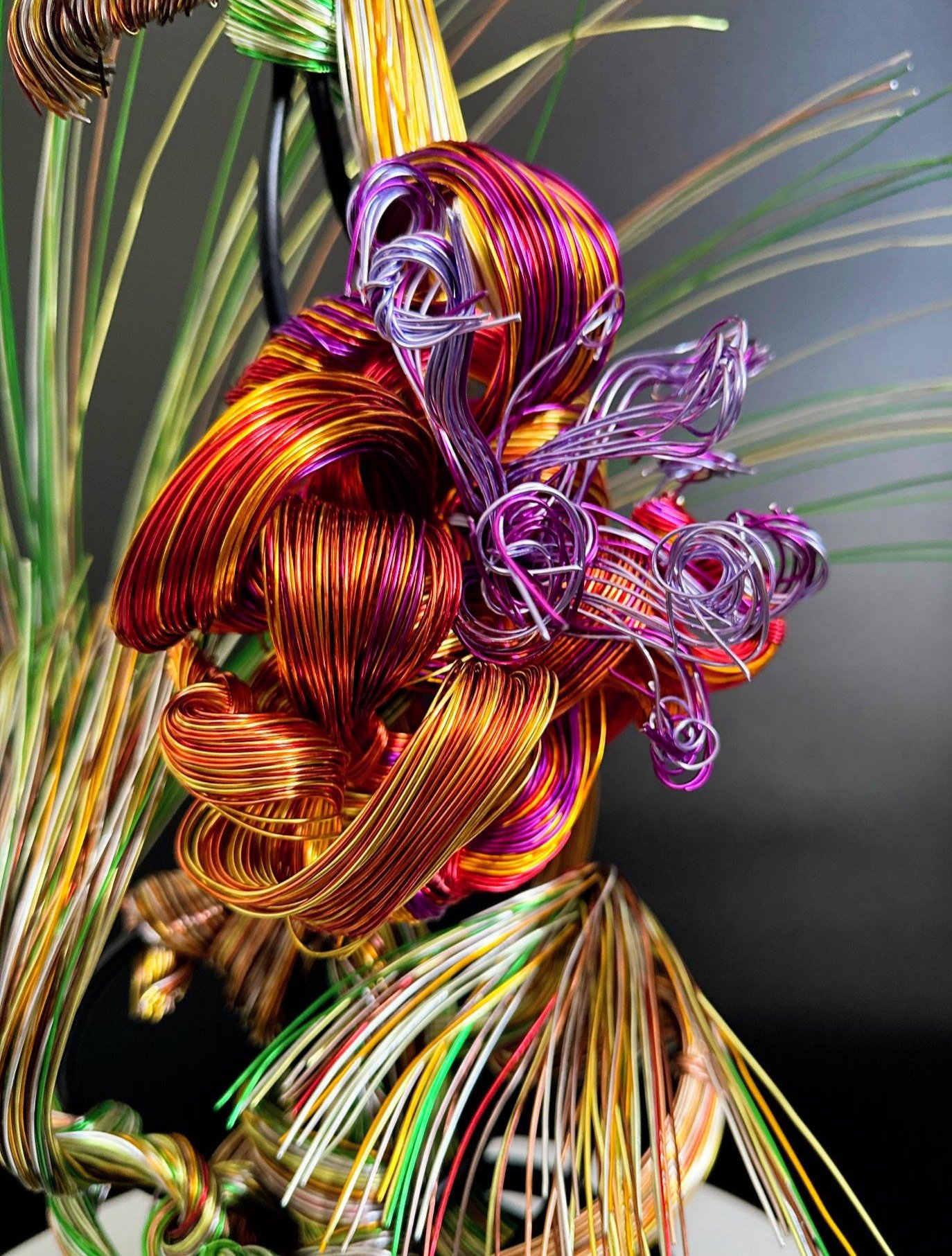 Gathering Light is a wire sculpture shaped as a single, blooming form. Blending copper, green, and violet tones, it explores emergence, focus, and upward motion. Inspired by nature and created in Petaluma, this piece reflects the quiet strength of tr