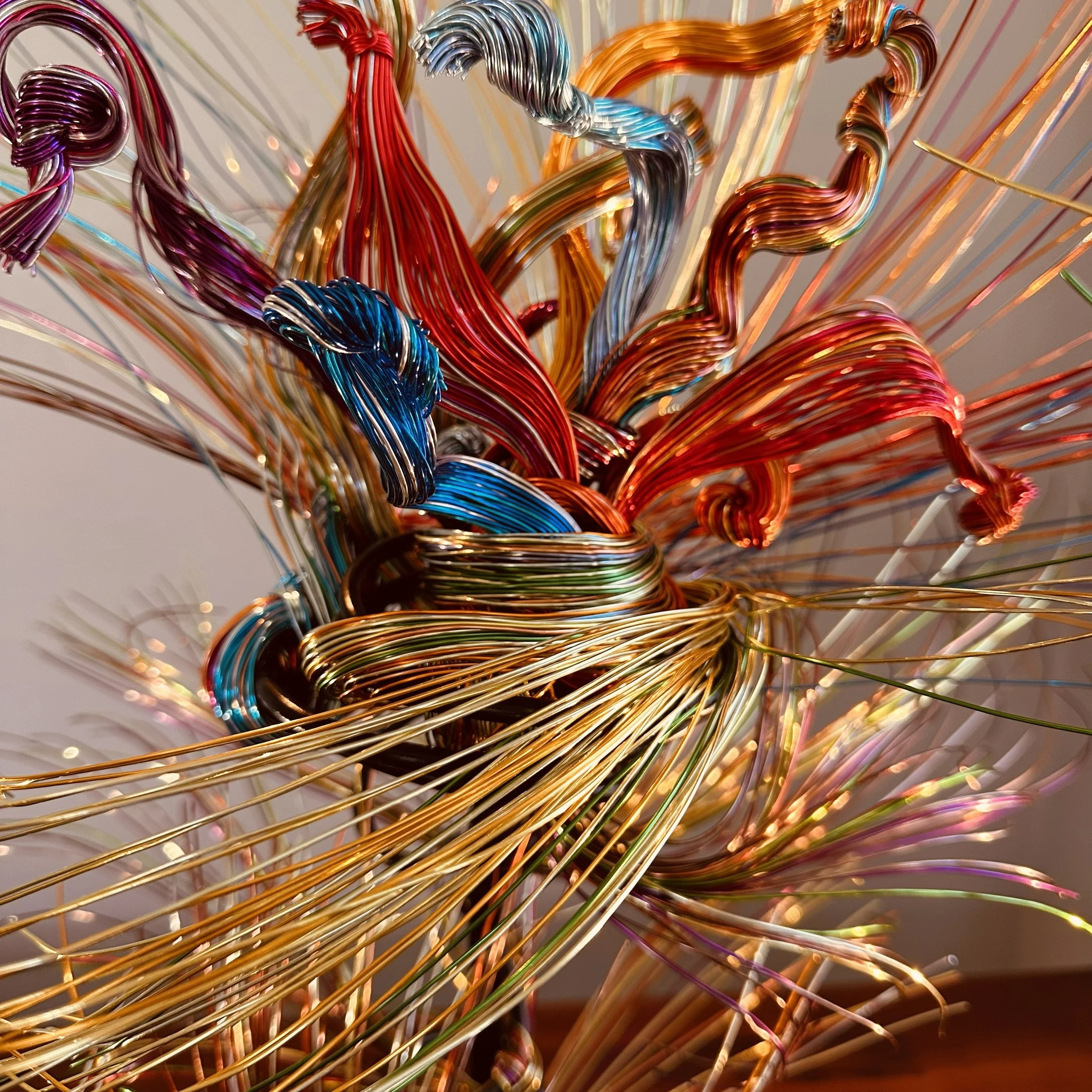 Title:  "Paradise"  2" x 2" 2" x 10'
An abstract wire sculpture inspired by the bird‑of‑paradise, shaped with vibrant color, airy movement, and the feeling of a lush, living environment.