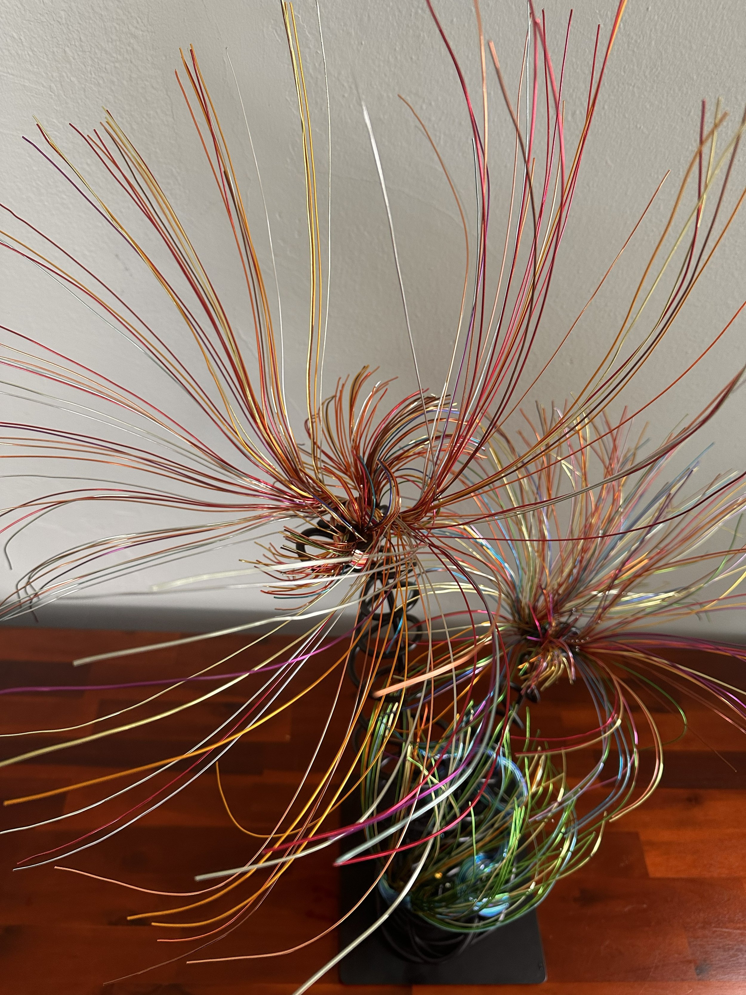 Title: Luminous. Aerial View
Dimensions:  2' × 2 '× 2' 8"
Fine wires flare outward like petals deciding to open, catching the light in shifting tones of copper, ember, and moss. The piece holds the stillness of a plant just on the edge of becoming so
