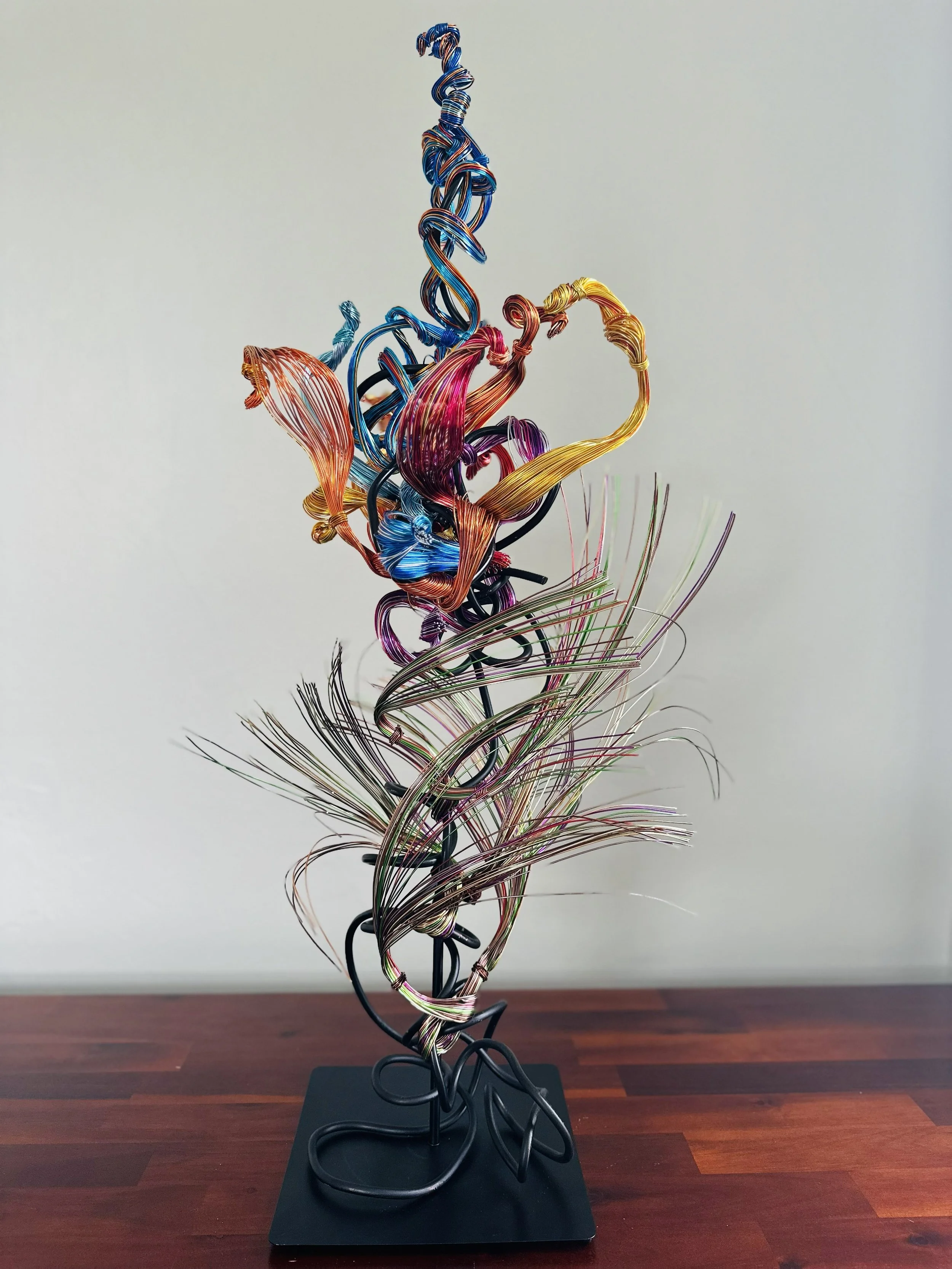Title: “Paradise" View from front 
Dimensions:  1' 0" × 1' 0" × 2' 8"
Coiled strands rise and twist like a wild tendril caught in a sudden gust, capturing the restless motion of growth reaching toward open air.



Hand‑formed wire sculpture exploring