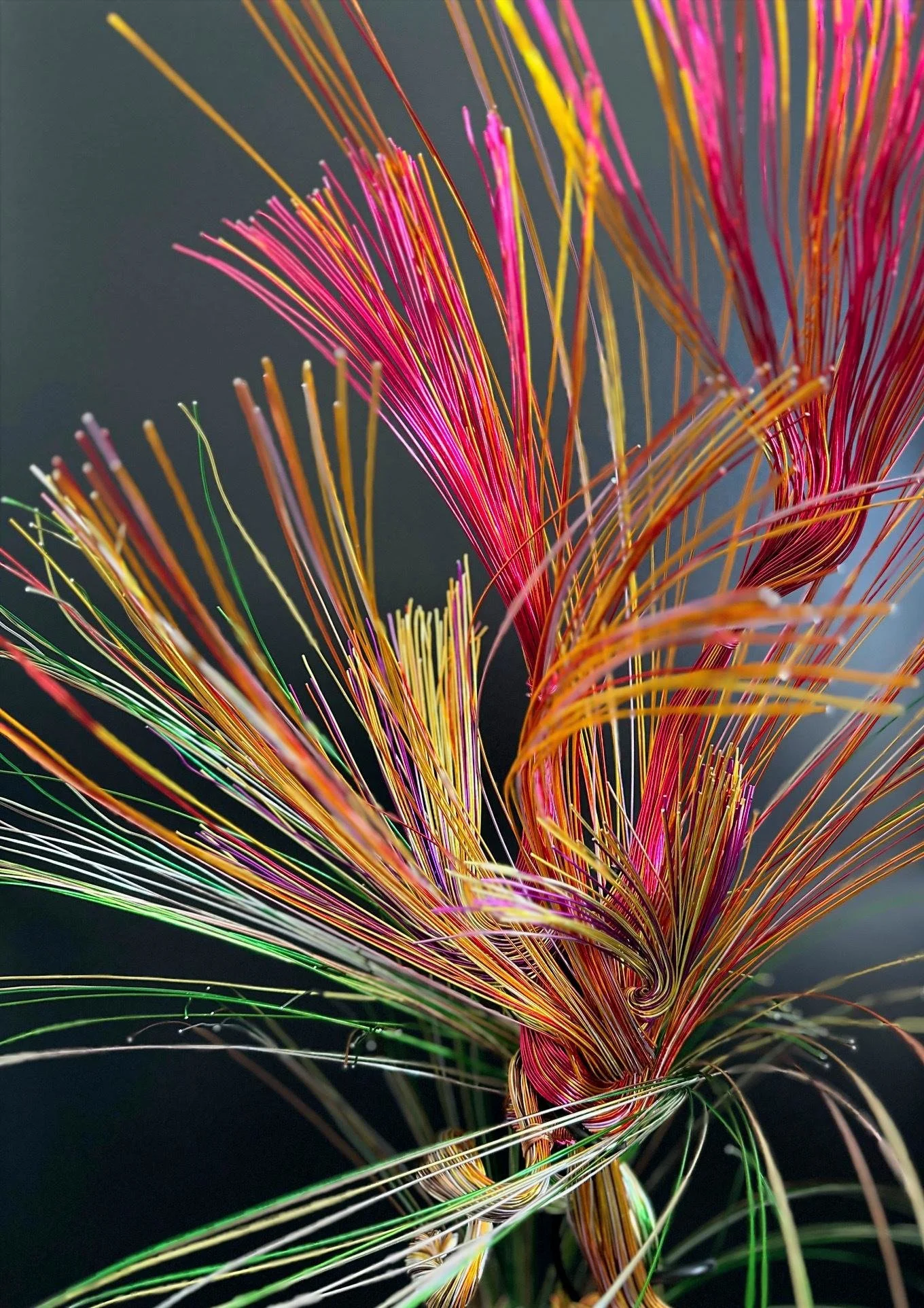 Gathering Light is a wire sculpture shaped as a single, blooming form. Blending copper, green, and violet tones, it explores emergence, focus, and upward motion. Inspired by nature and created in Petaluma, this piece reflects the quiet strength of tr