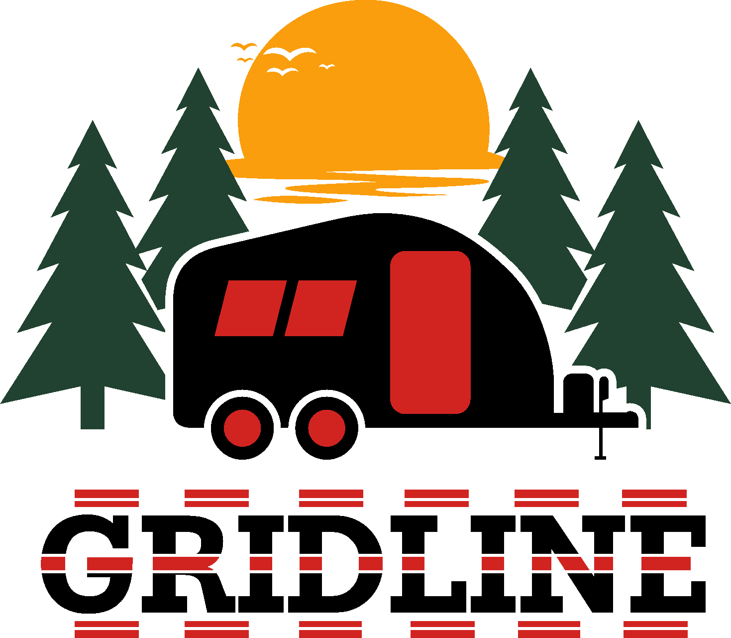 Stylized outdoor scene featuring a sunset over water, surrounded by pine trees, with a red camper trailer and a red car on a winding road.