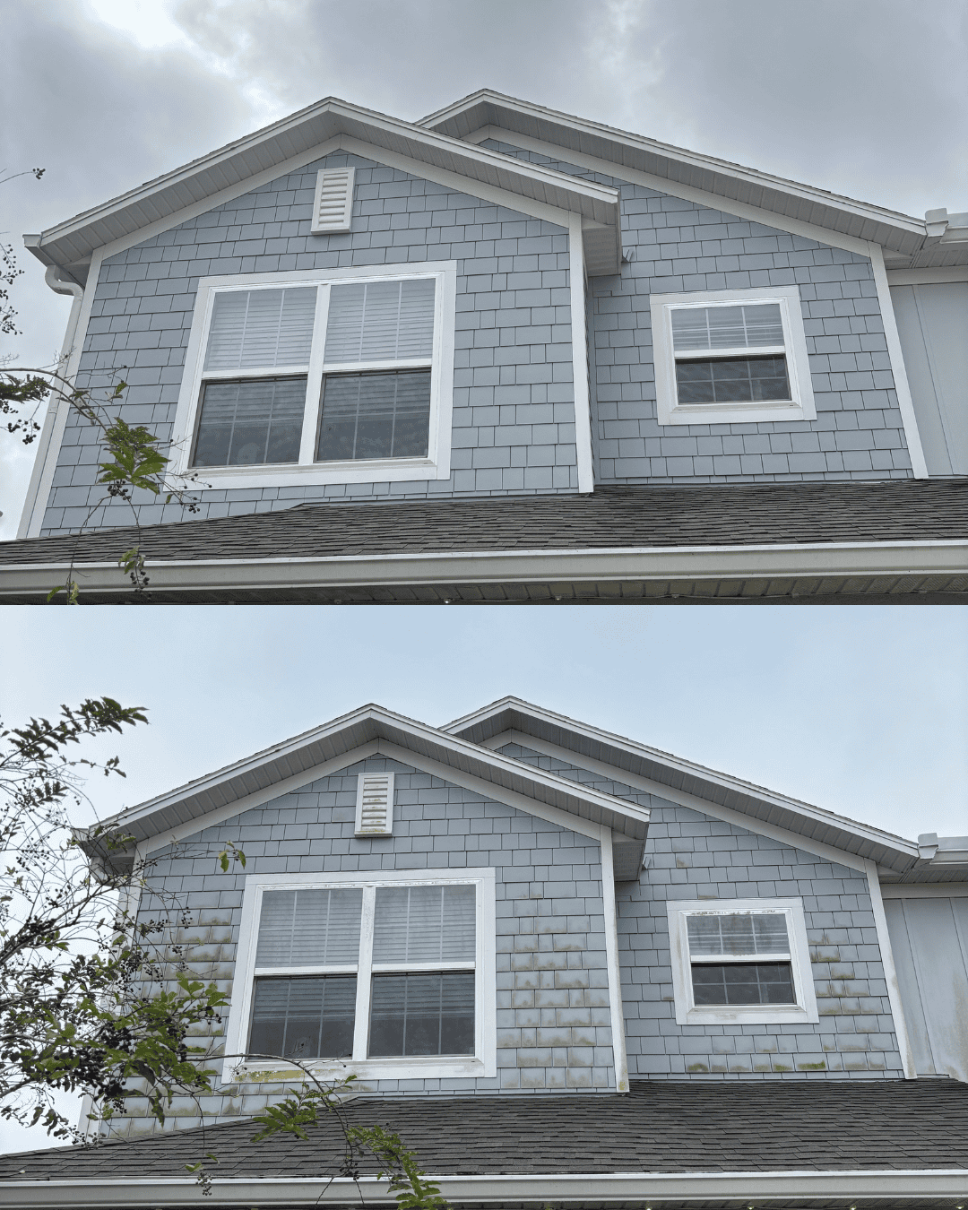 Side-by-side comparison of the same house's exterior; top image shows the house clean, bottom image shows the house with dirt and mold on the siding.