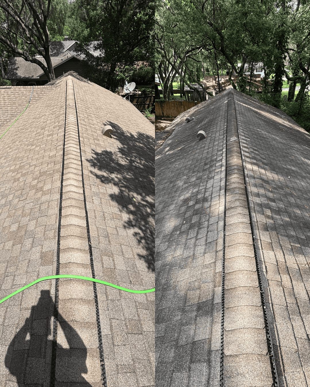 Side-by-side comparison of a roof before and after cleaning or repair, showing shingles and vents surrounded by trees and a wooden fence.