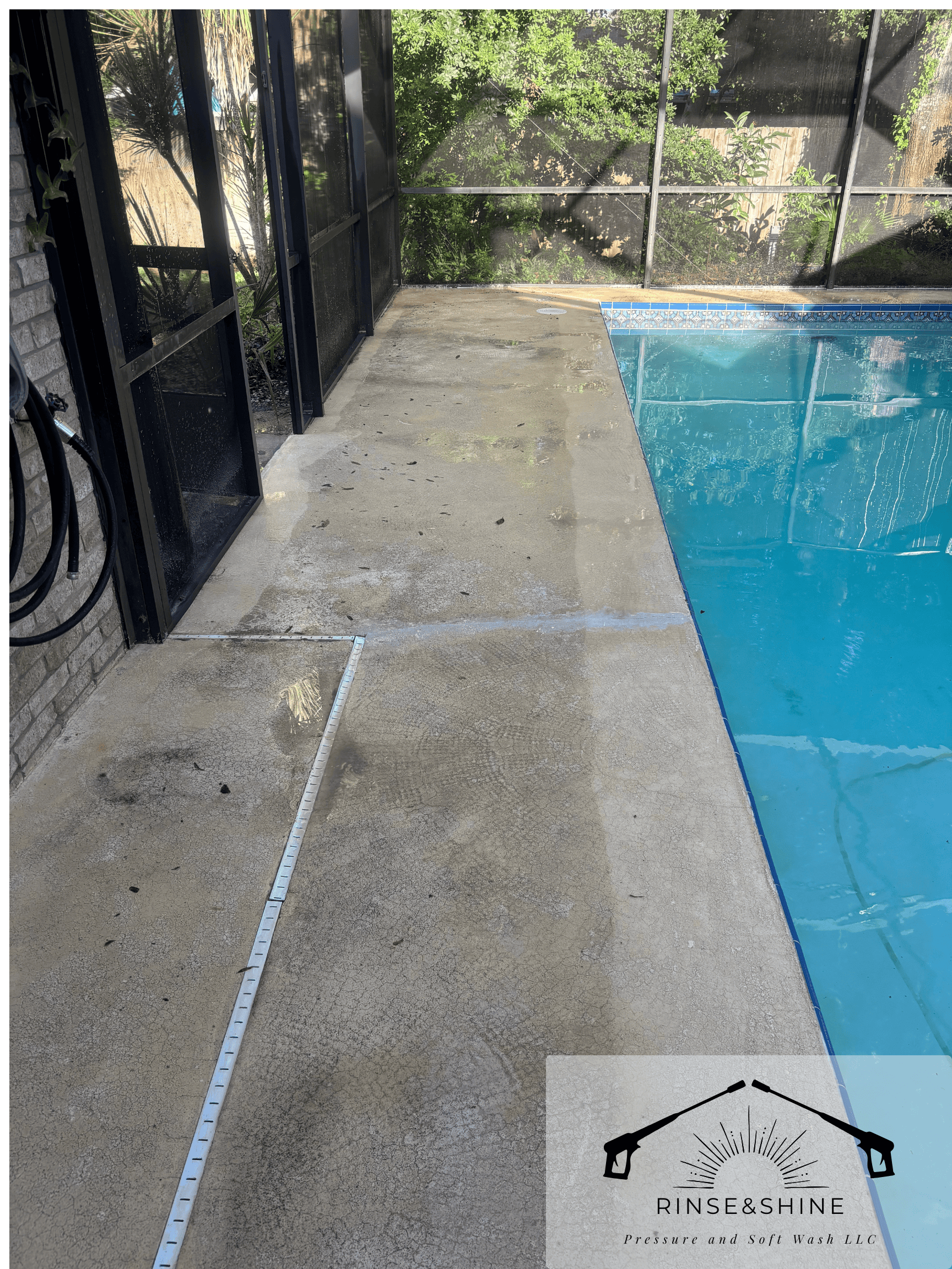 A screened-in outdoor pool area with a concrete floor, a portion of the swimming pool visible with blue water, and greenery beyond the screen. Logo in the lower right corner reads 'Rinse & Shine, Pressure and Soft Wash LLC'.