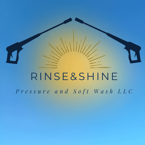 Logo for Rinse & Shine Pressure and Soft Wash LLC featuring a sun and two pressure washing wands.