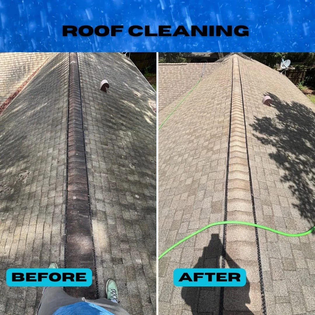 Side-by-side comparison of a roof before and after cleaning. The left side shows a dusty, stained rooftop, while the right side shows a clean, bright rooftop. The words "BEFORE" are in a blue box below the dusty roof, and "AFTER" are in a blue box below the cleaned roof.