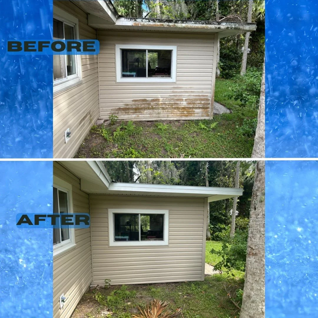 Side-by-side comparison of the exterior of a house before and after cleaning. The 'before' shows dirty, stained beige siding near a window, with green plants at the foundation. The 'after' shows clean, bright beige siding with no stains, and a neatly trimmed yard with a small plant at the base.