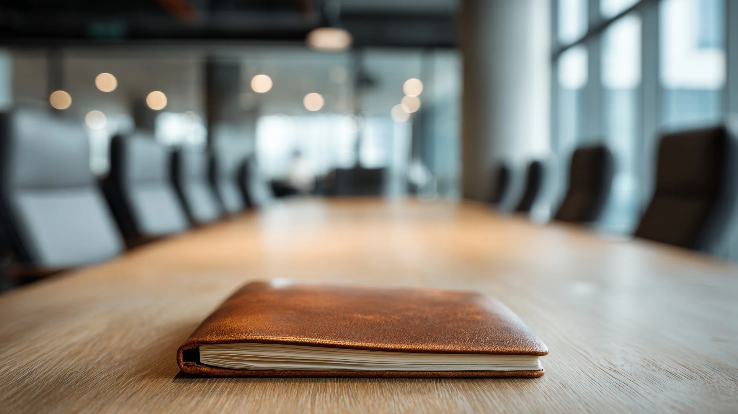 A closed notebook with a brown leather cover on a wooden conference table in a modern office conference room.
