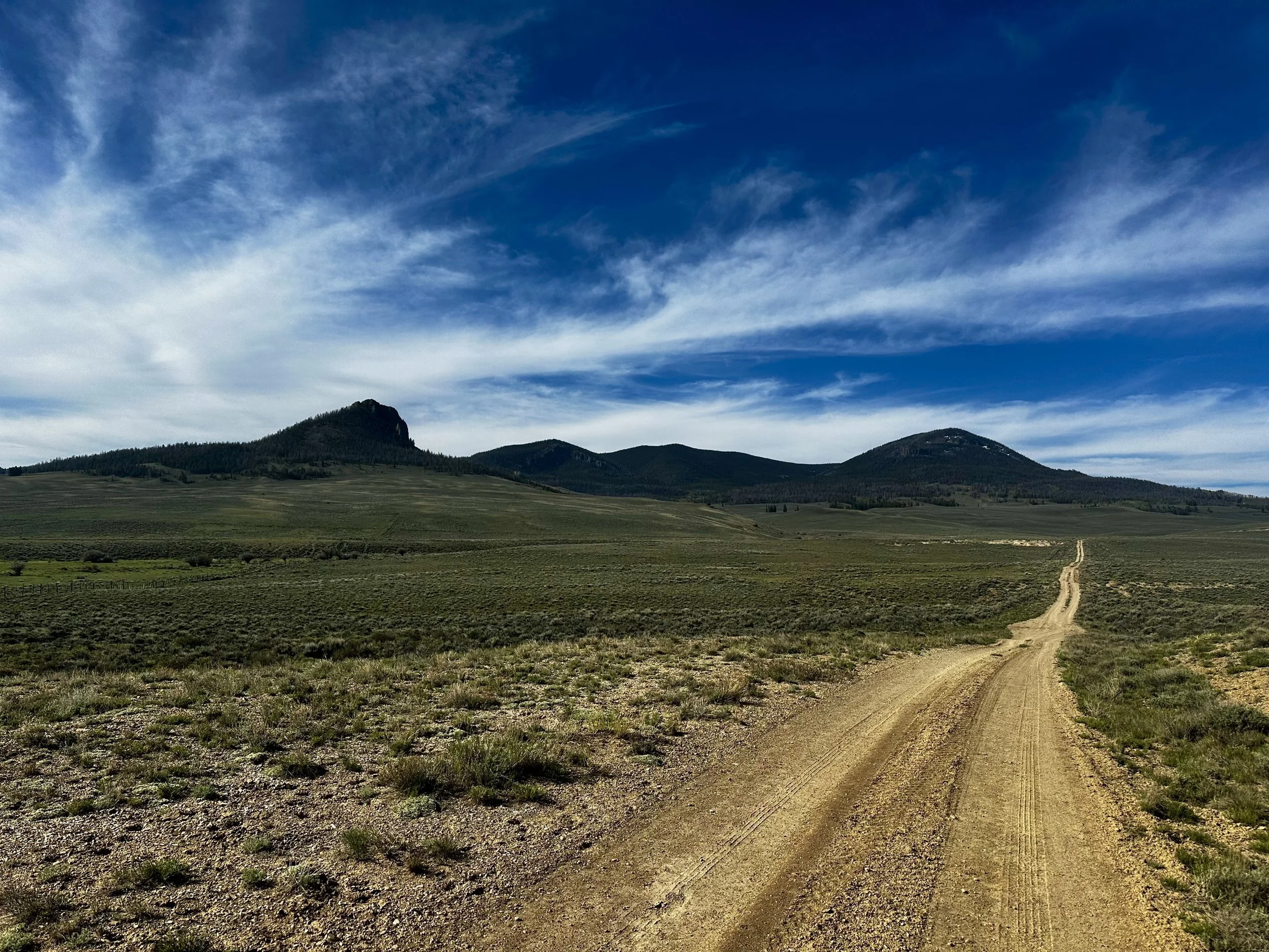 A dirt road runs through a grassy, open plain toward distant mountains under a partly cloudy sky.