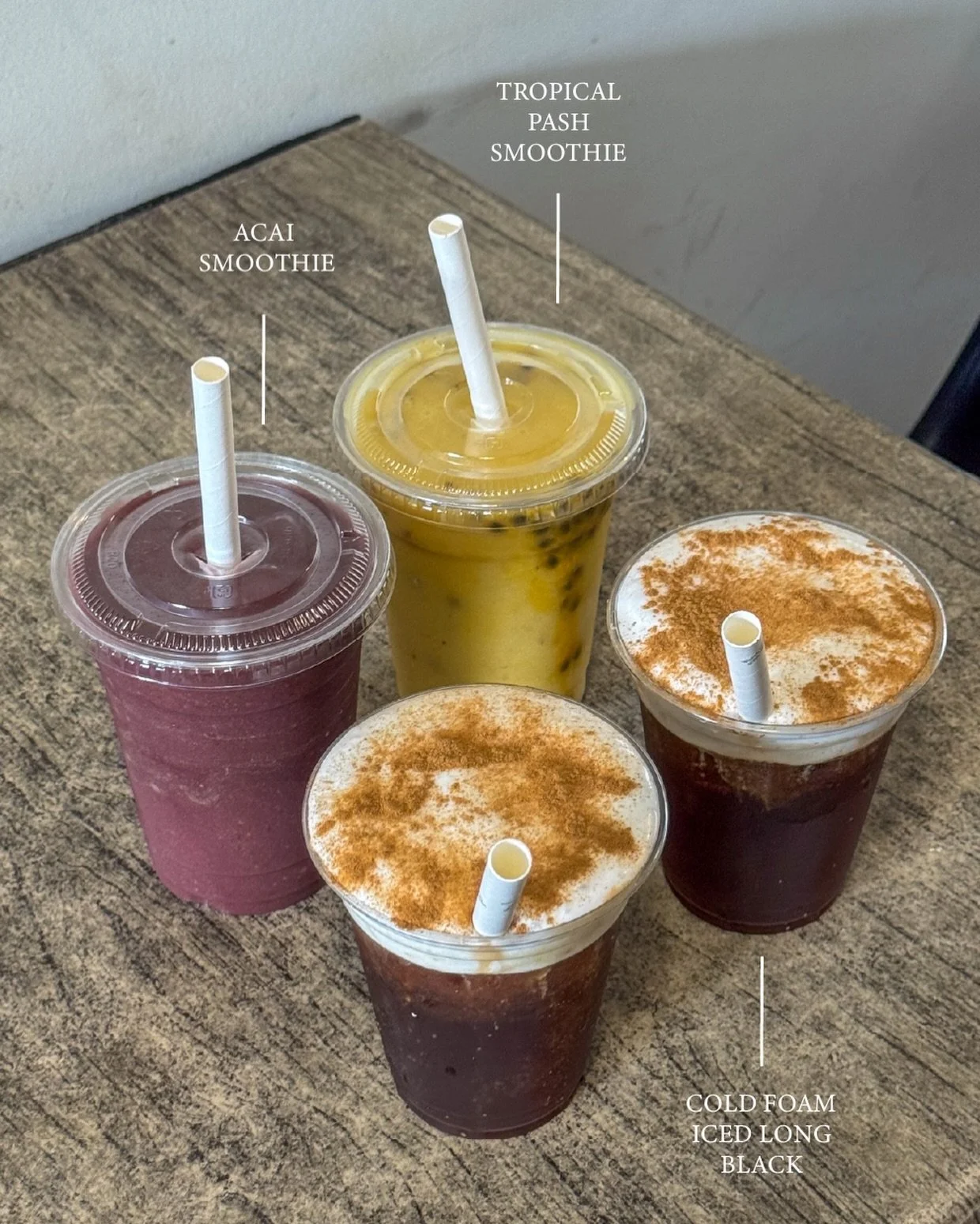 Today&rsquo;s line up. 

&mdash; tropical pash &amp; a&ccedil;ai smoothie + cold foam iced long blacks
