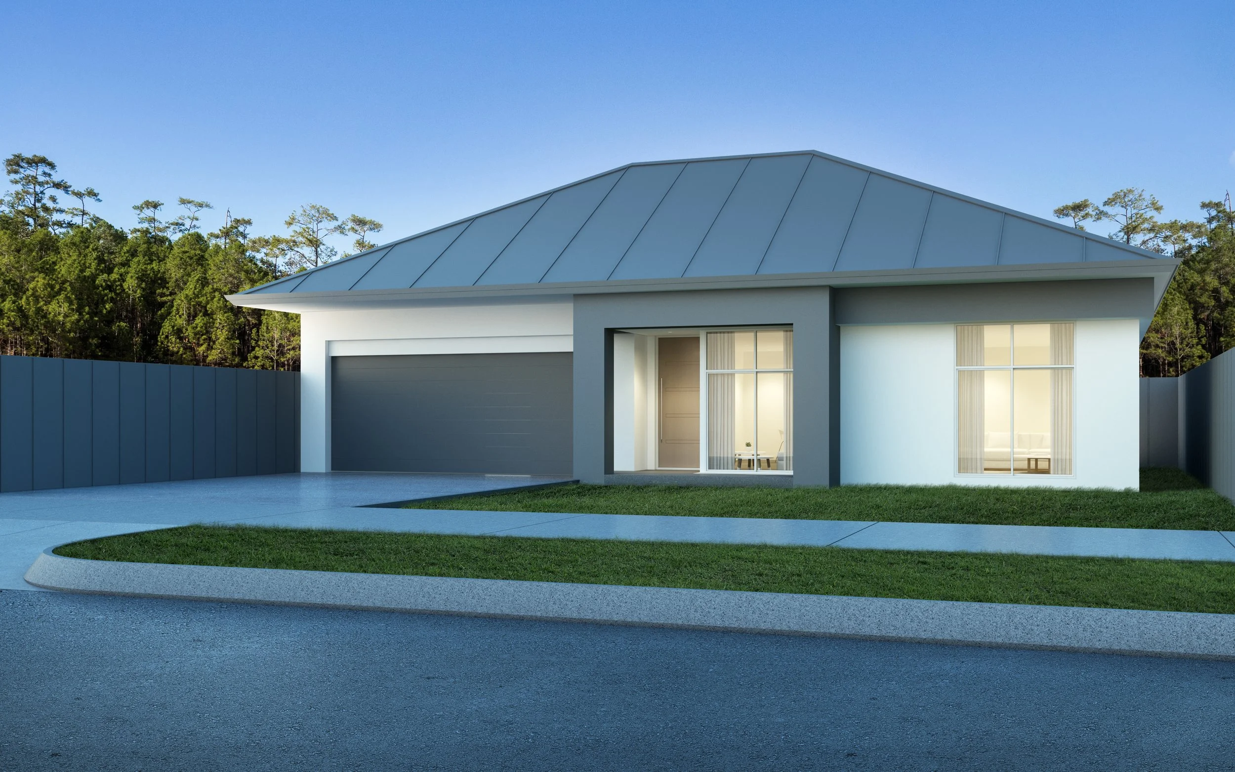 Modern house with a gray roof, white walls, large windows, a green lawn, and a curved sidewalk in front.