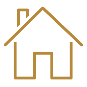 A simple line drawing of a house with a chimney, outlined in brown on a black background.