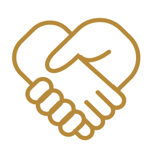 Outline of two hands shaking, forming a heart shape in the middle.