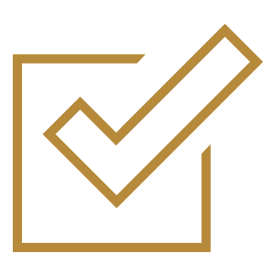 A gold check mark inside a square box on a black background.