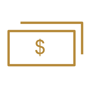 Icon of two overlapping dollar bills with a gold outline and dollar sign.