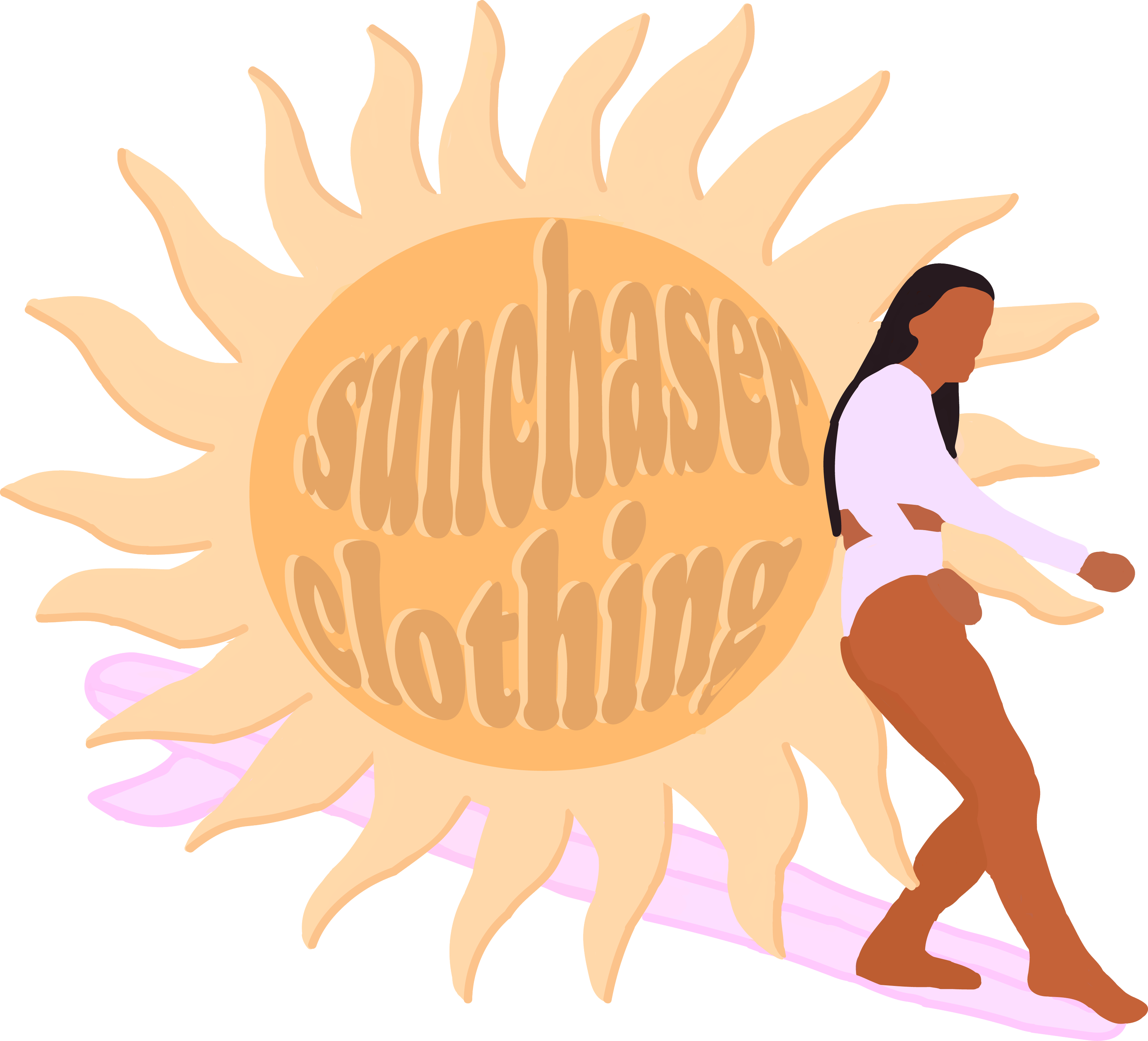 Illustration of a sunflower with a person standing beside it. Sunchaser Clothing Logo