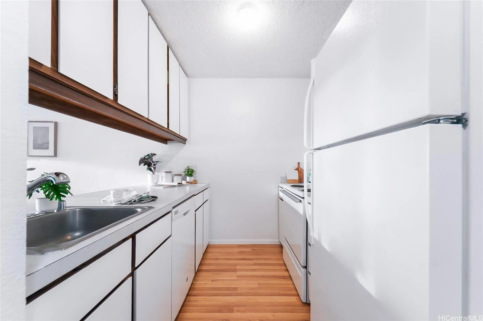 A small, narrow kitchen with white cabinets and appliances, a wooden floor, and minimal decor, including potted plants and a framed picture.