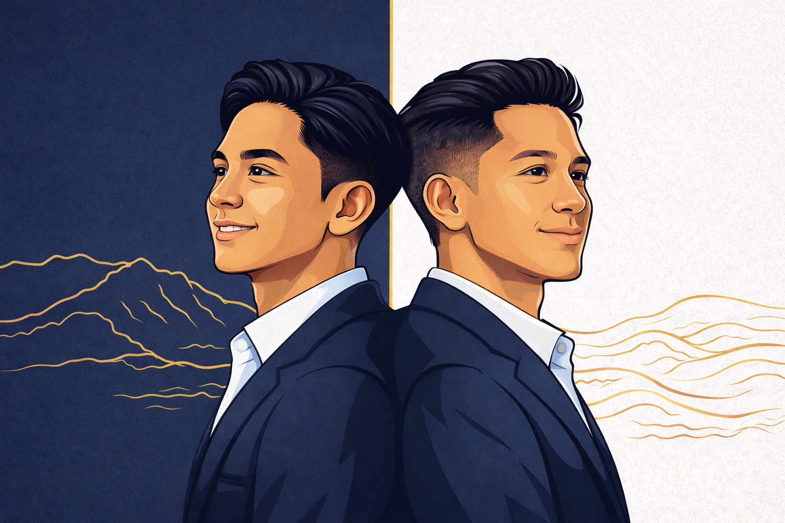 Modern illustrated headshots of Jay Macalma and Vince, founders of Next Wave Group in Hawaii, shown back-to-back with mauka mountain and makai ocean design elements.