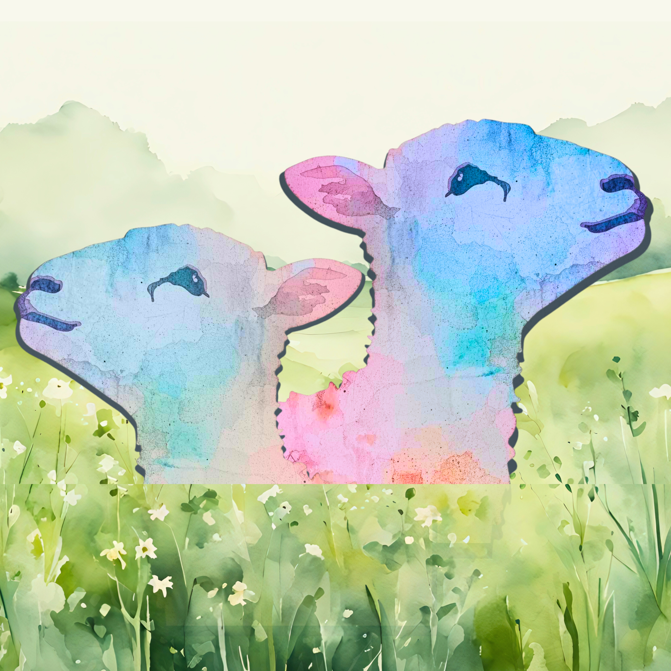 Watercolor illustration of two lambs, one slightly larger, standing in a grassy field with small white flowers and a soft green sky in the background.