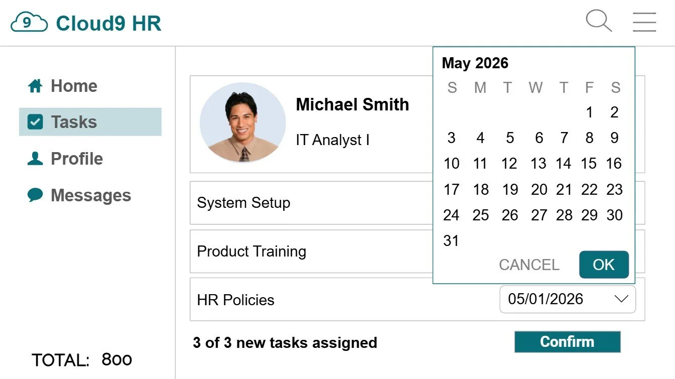 Screenshot of unguided and gamified simulation for HR system onboarding training.