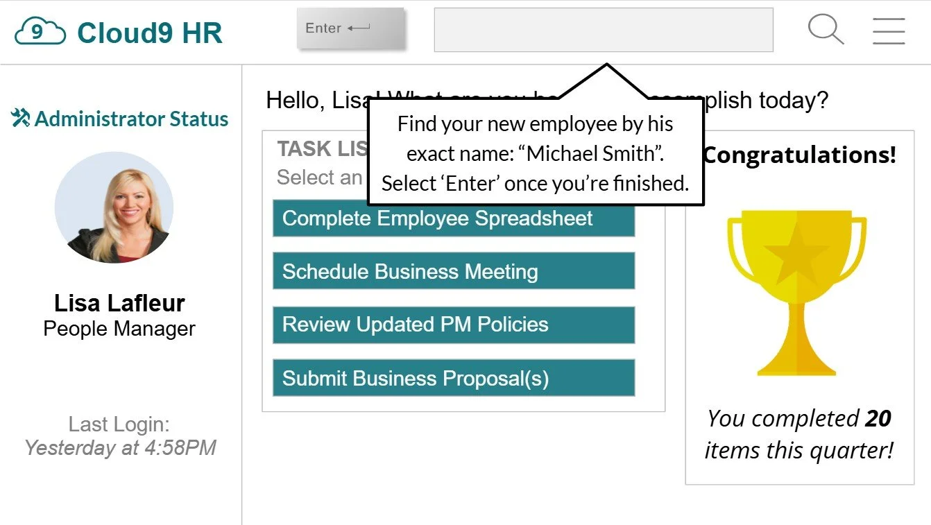 Screenshot of guided simulation for HR system onboarding training.