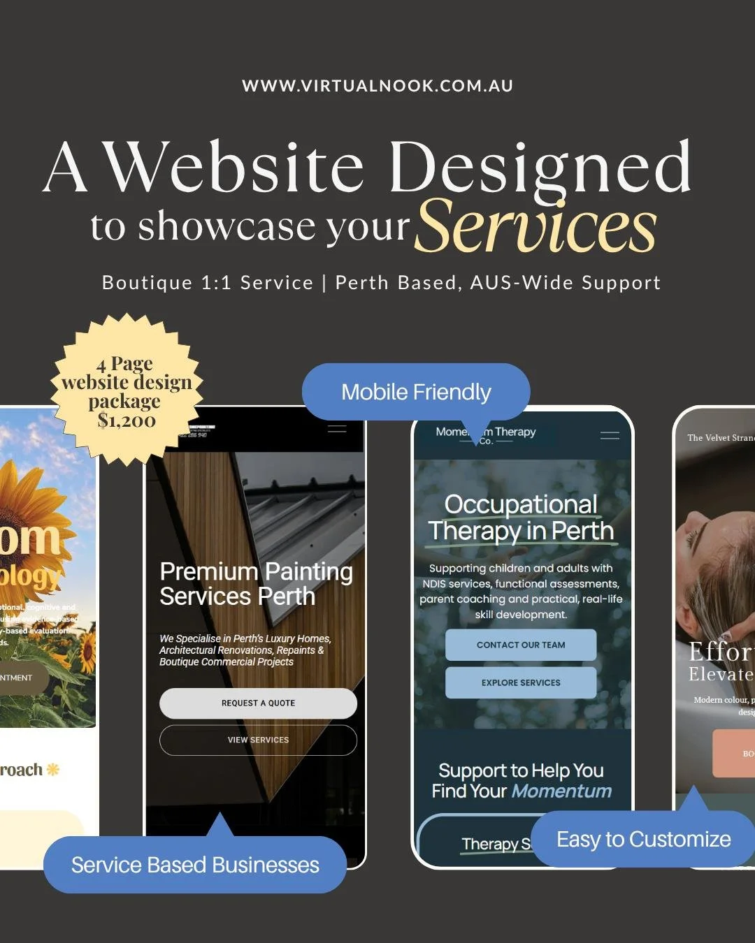A Website Designed to Showcase Your Services!

Your website should clearly communicate what you do, who you help, and why clients should choose you.

A strategically designed website guides visitors through your services, builds trust, and makes it e