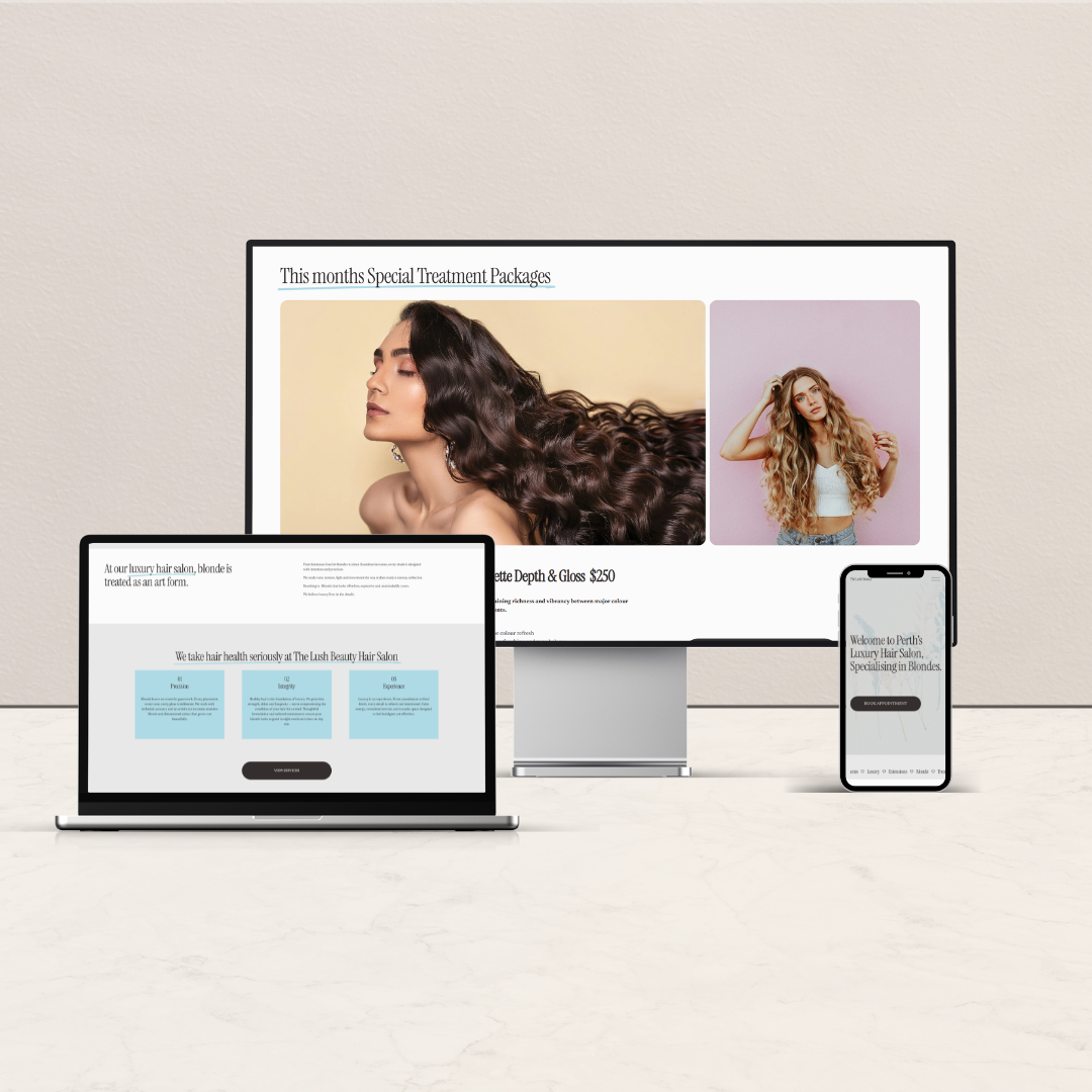 Display of a website on a monitor, laptop, and smartphone showcasing a hair salon specializing in blondes, with images of women with styled hair.