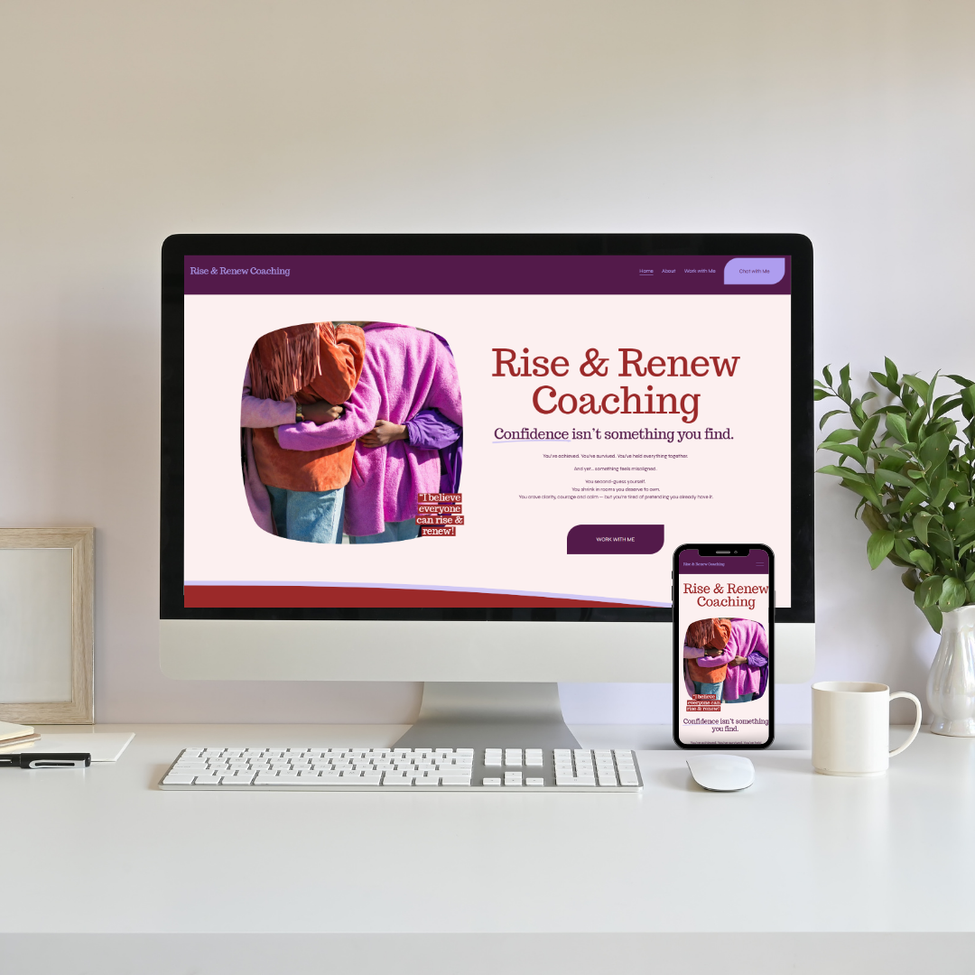 Laptop and smartphone displaying a website called Rise & Renew Coaching featuring a photo of two people hugging, with text about confidence and motivation.