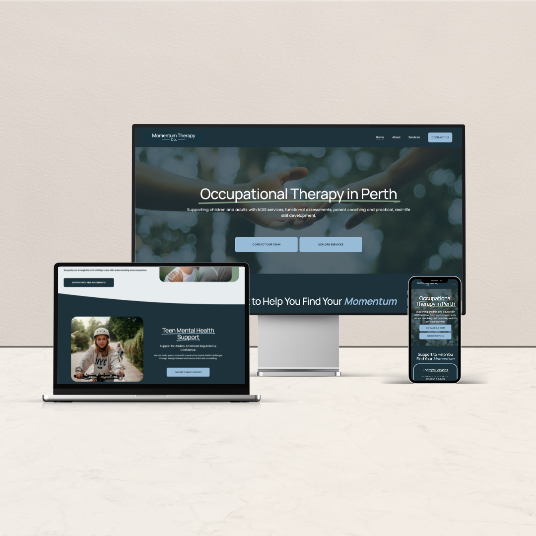 A website displayed on a desktop monitor, laptop, and smartphone showing occupational therapy services in Perth, with images of a person holding hands, a young girl riding a bike, and a section titled 'Teen Mental Health Support'.