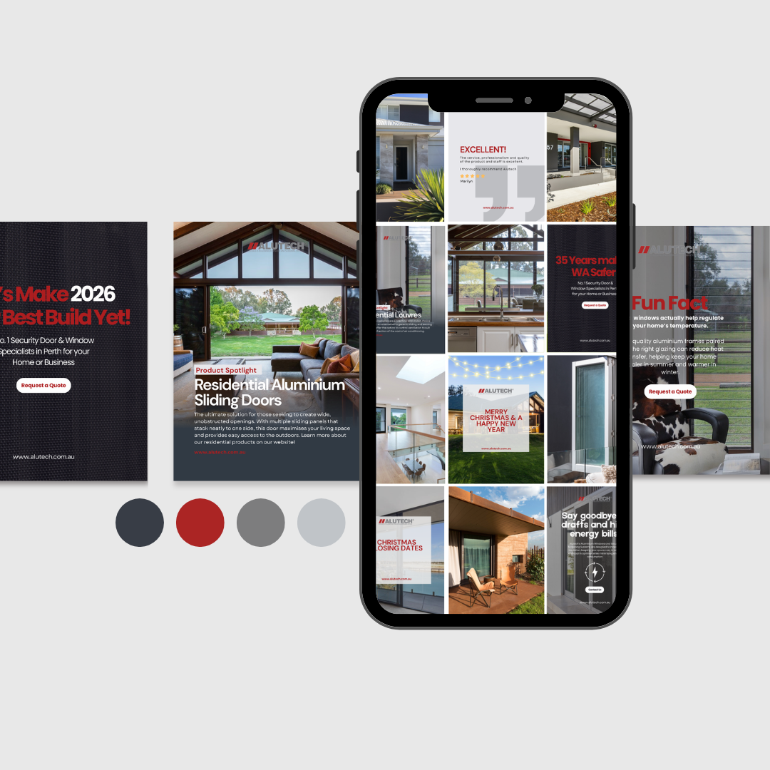 A smartphone displaying a digital collage of architectural design images and promotional content for Alutech, a company specializing in doors and windows, superimposed over a background with additional images and color swatches.
