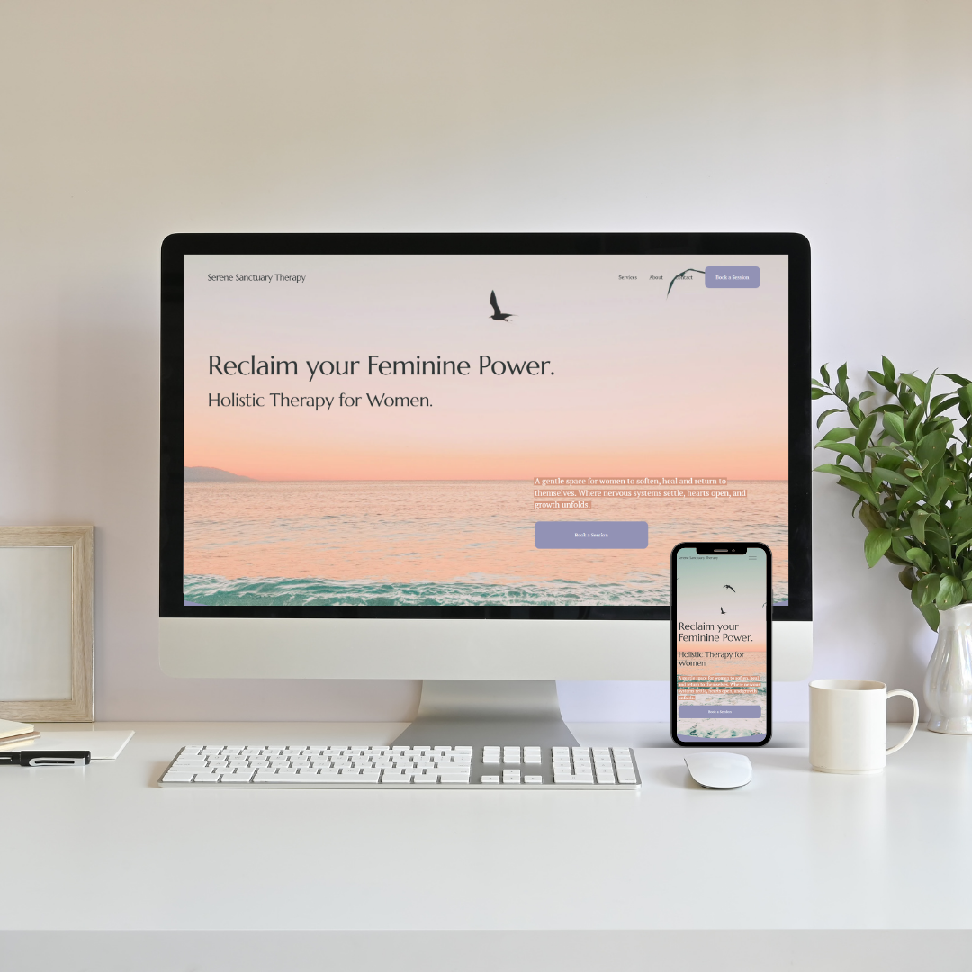 Laptop and smartphone screens displaying a website for Serene Sanctuary Therapy with a sunset ocean background, promoting reclaiming feminine power through holistic therapy for women.