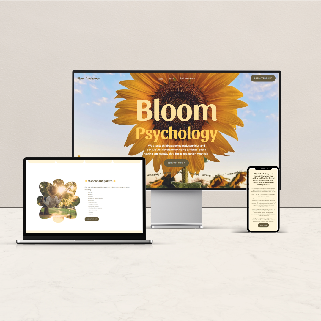 Website displaying Bloom Psychology on a large monitor, with a sunflower background, alongside a laptop and smartphone showing related pages.