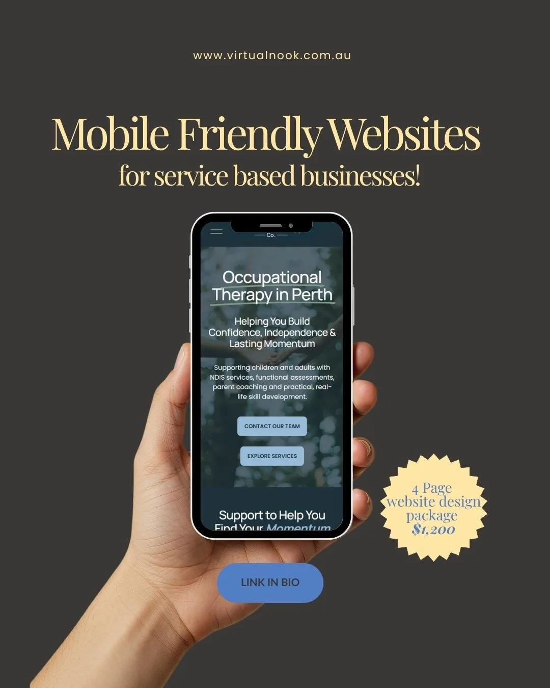 Promotional poster advertising mobile-friendly website design services for service-based businesses, showing a hand holding a smartphone with a website example and text highlighting a 4-page design package for $1,200.