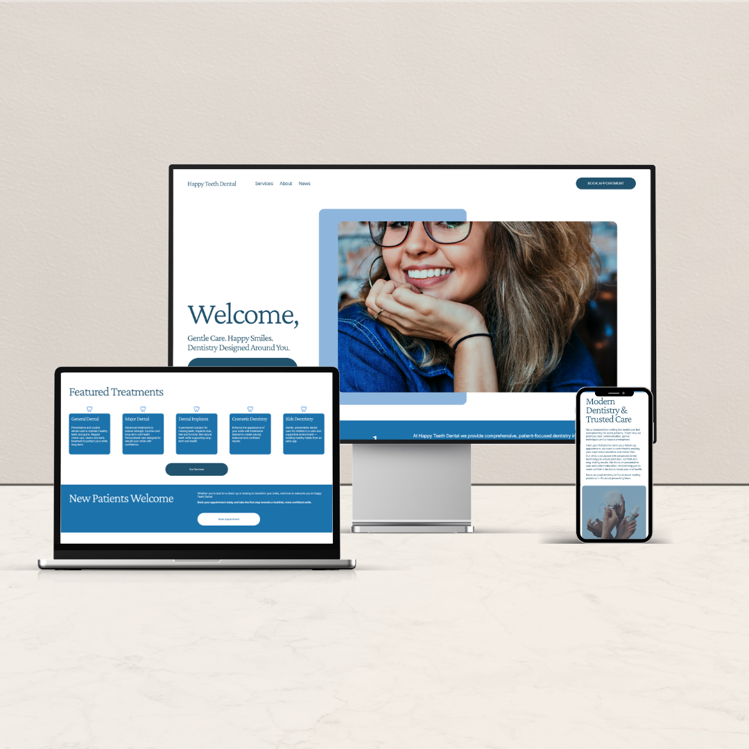 A computer monitor, a laptop, and a smartphone displaying a dental office website with a smiling woman wearing glasses.