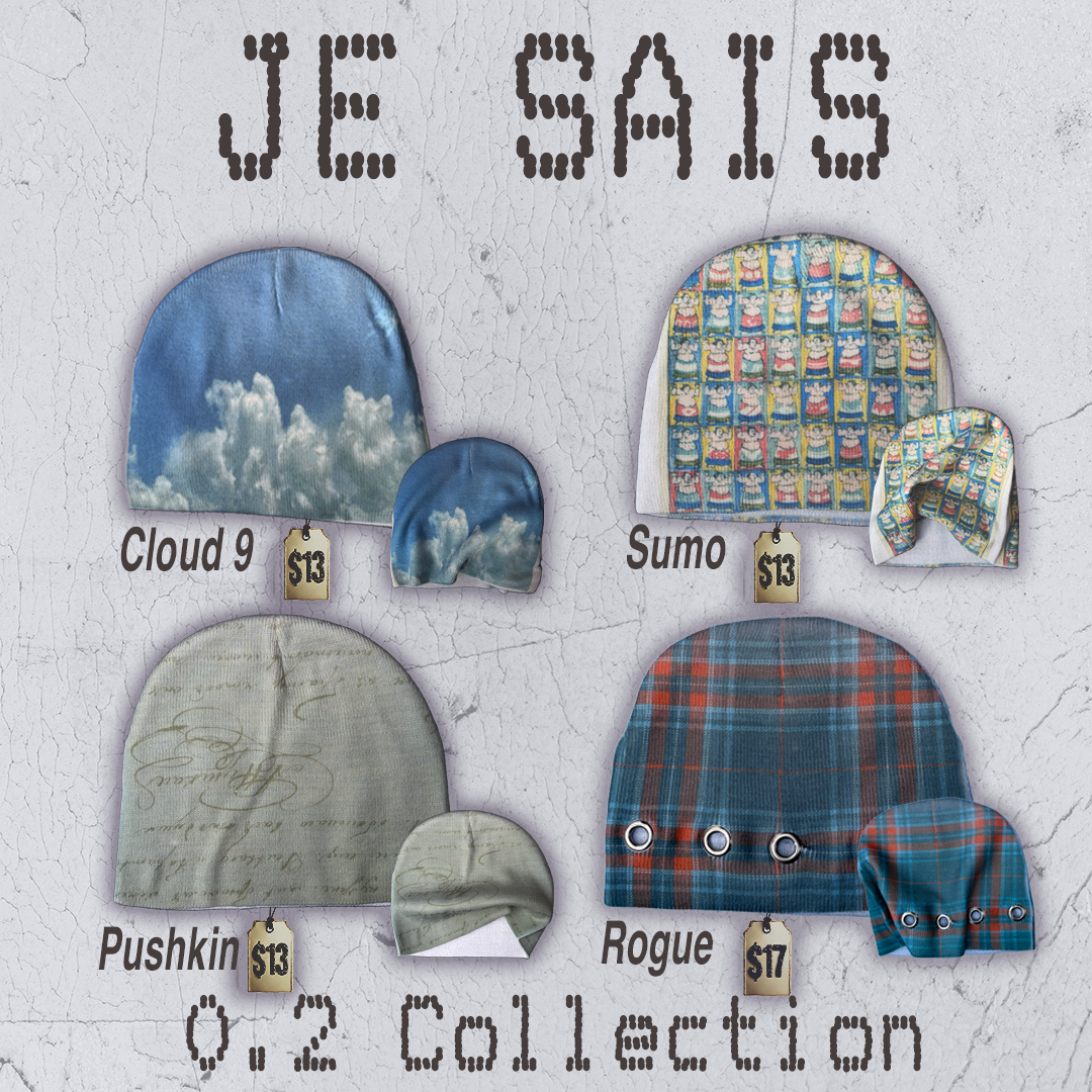 A collection of four beanies, each with a different pattern and price tag, displayed on a textured surface with the phrase 'JE SALES' at the top and '0.2 collection' at the bottom. The beanies are labeled Cloud 9, Sumo, Pushkin, and Rogue.